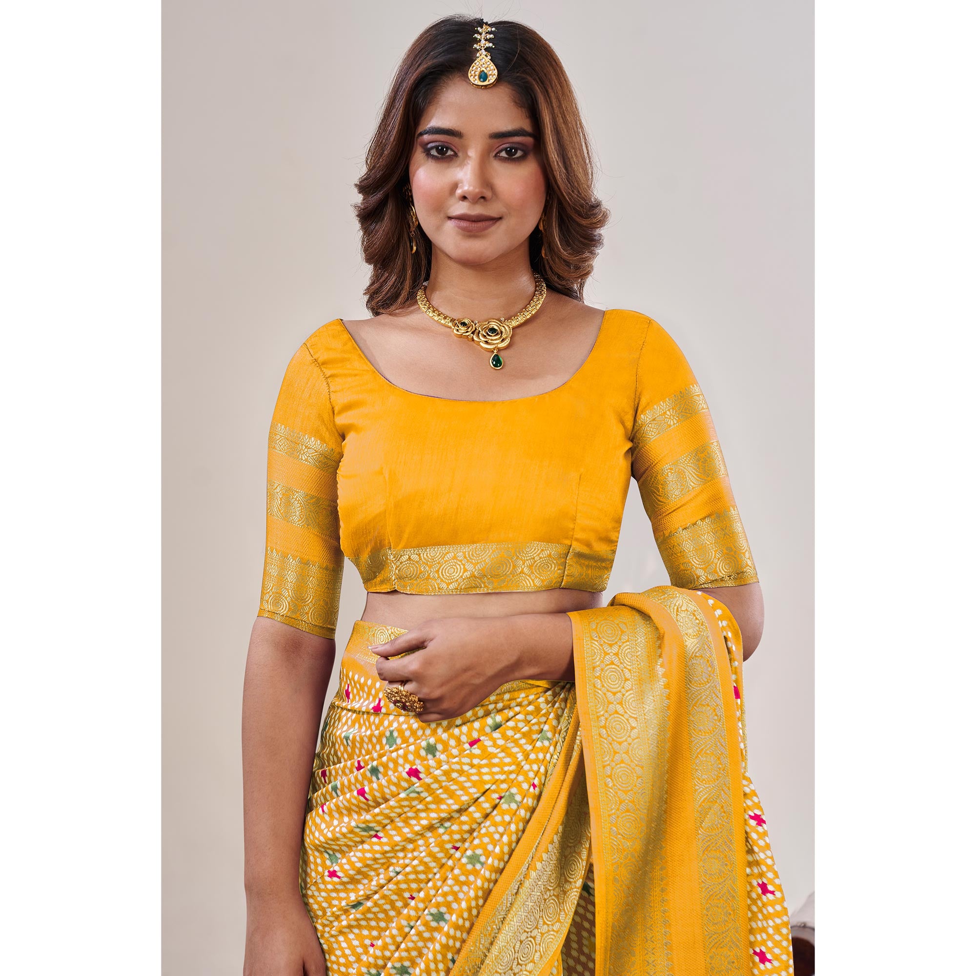 Yellow Ikkat Printed With Jacquard Border Cotton Silk Saree