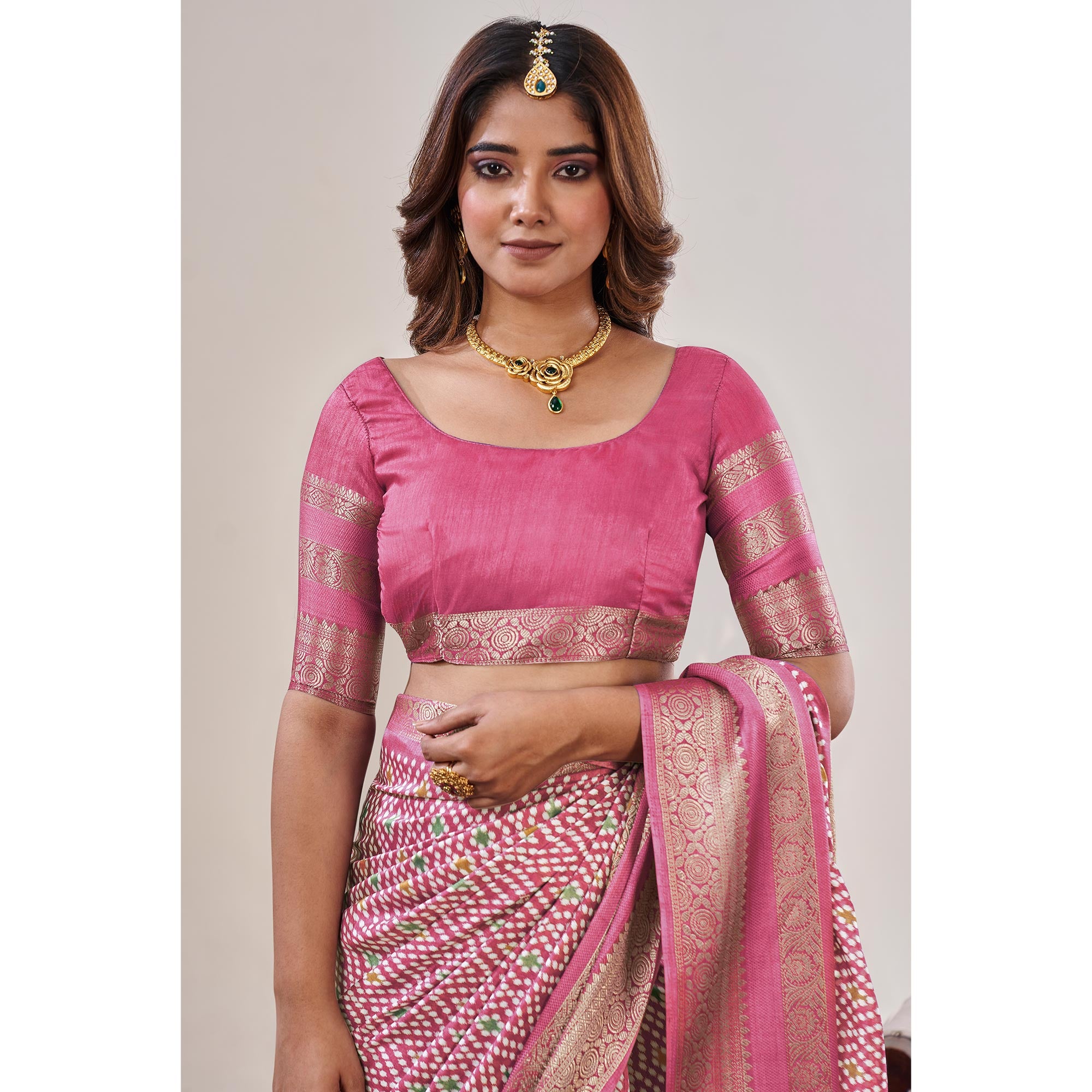 Baby Pink Ikkat Printed With Jacquard Border Cotton Silk Saree