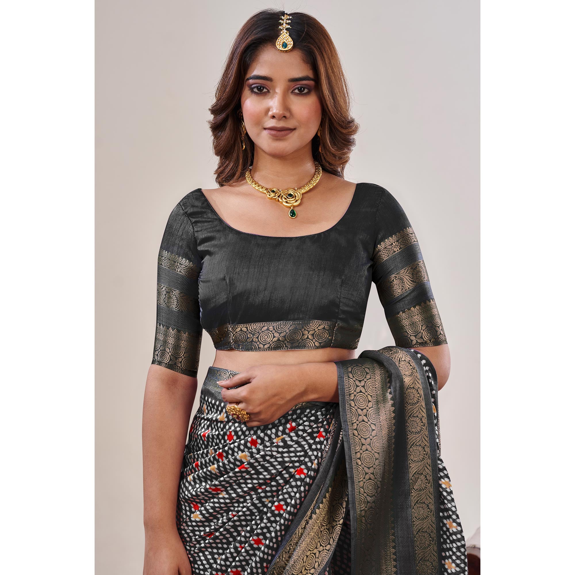 Black Ikkat Printed With Jacquard Border Cotton Silk Saree