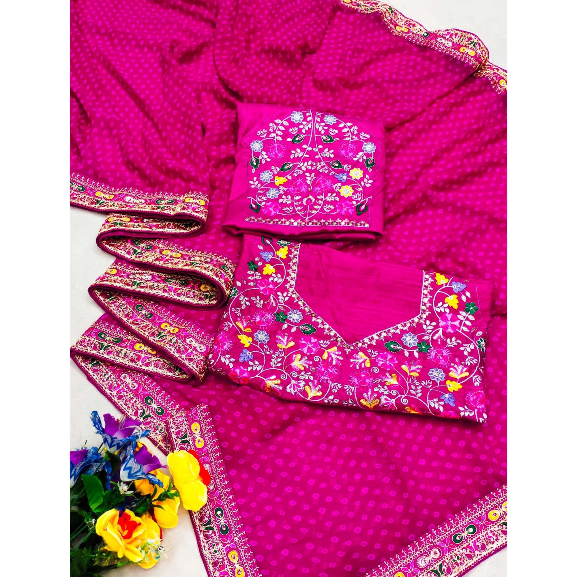 Pink Bandhani Printed Georgette Saree With Embroidered Border