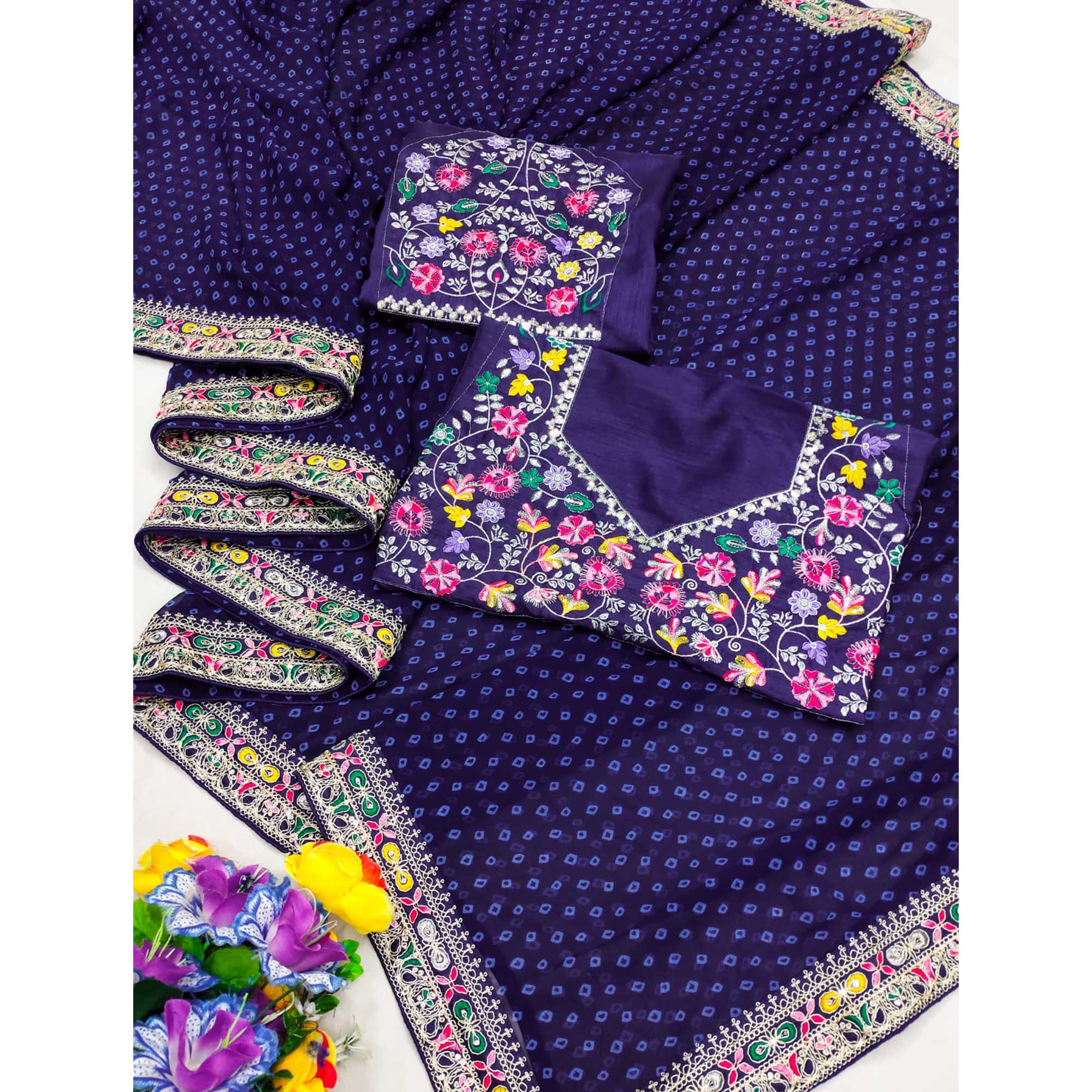 Blue Bandhani Printed Georgette Saree With Embroidered Border