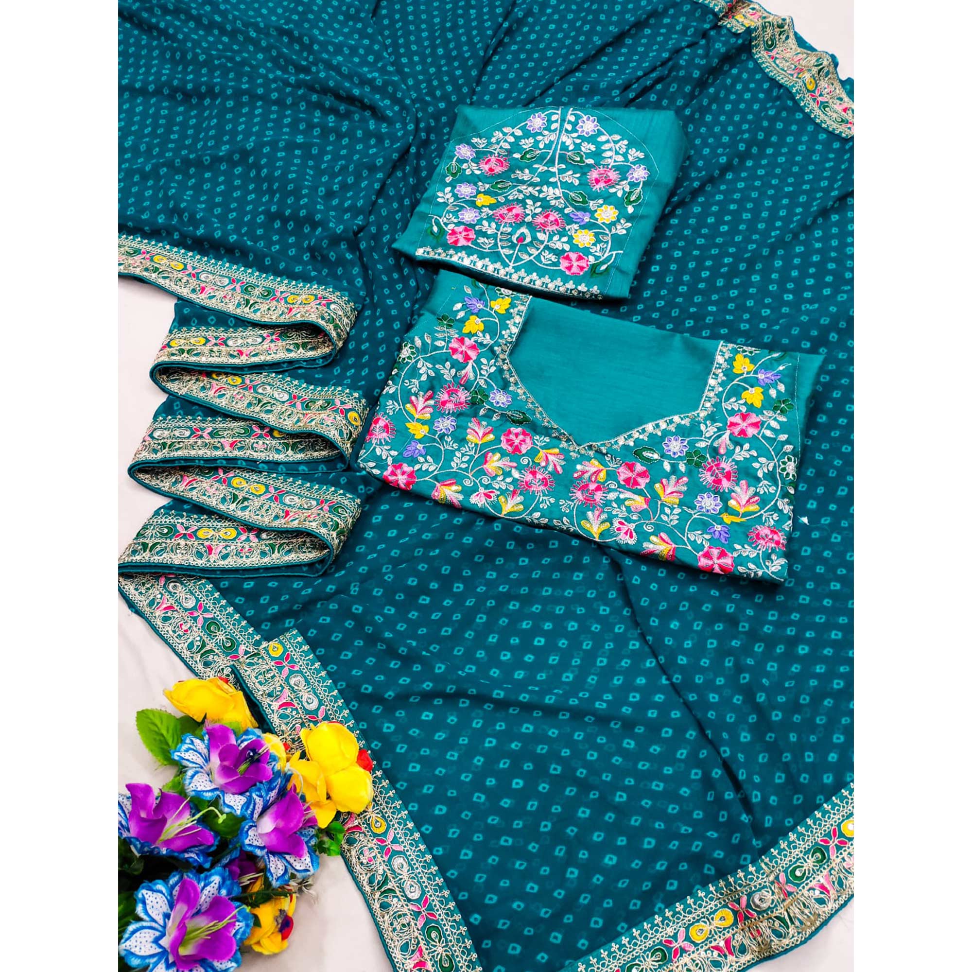 Teal Bandhani Printed Georgette Saree With Embroidered Border