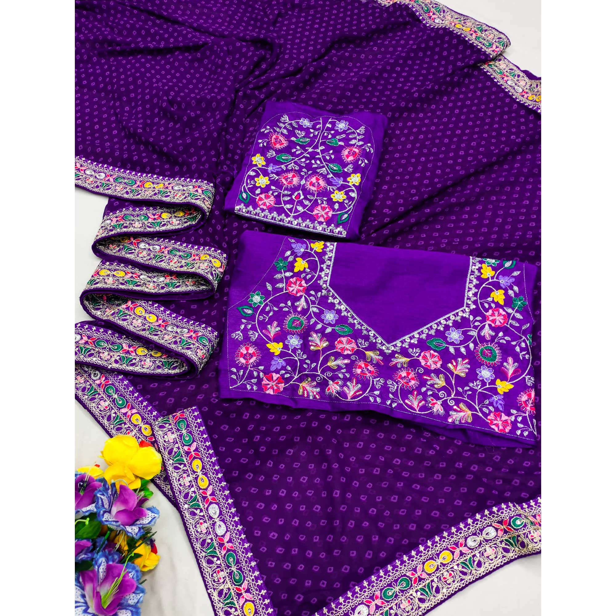 Purple Bandhani Printed Georgette Saree With Embroidered Border