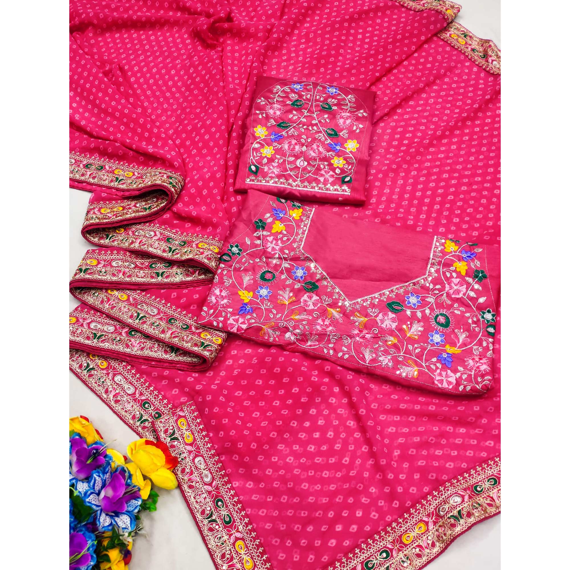 Gajri Pink Bandhani Printed Georgette Saree With Embroidered Border