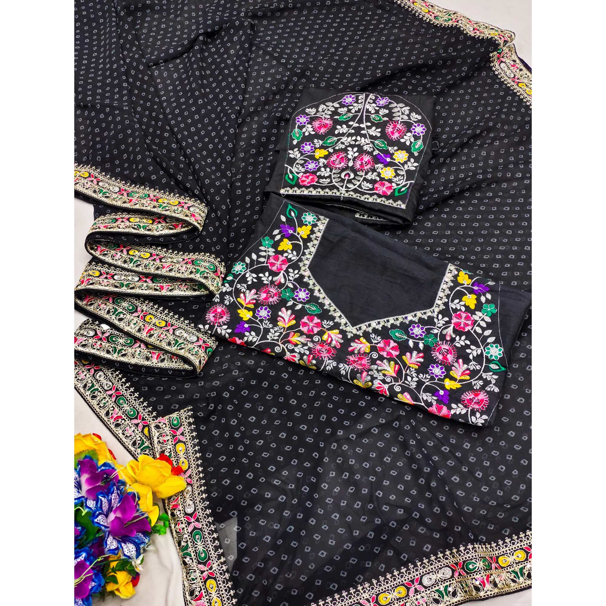 Black Bandhani Printed Georgette Saree With Embroidered Border