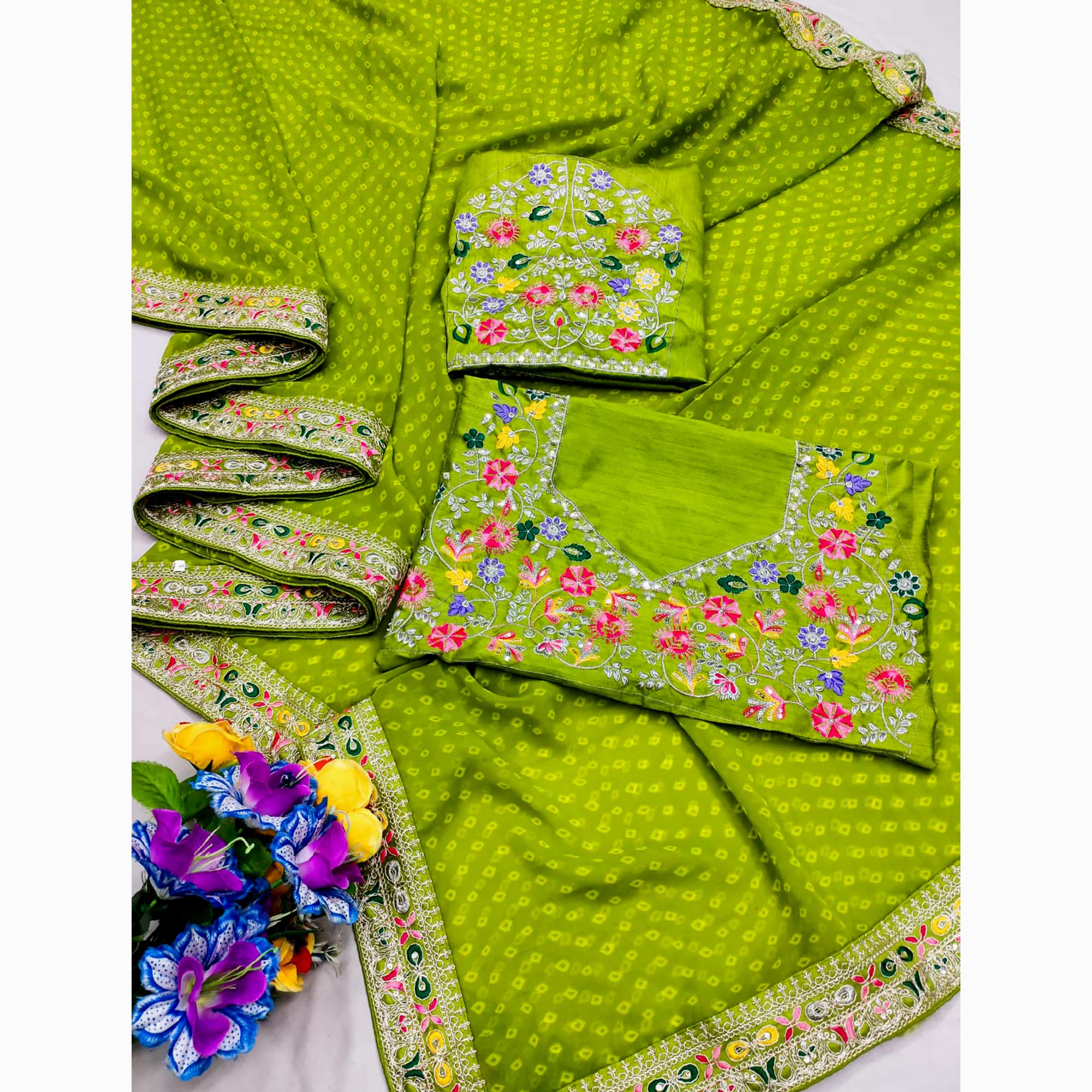 Green Bandhani Printed Georgette Saree With Embroidered Border