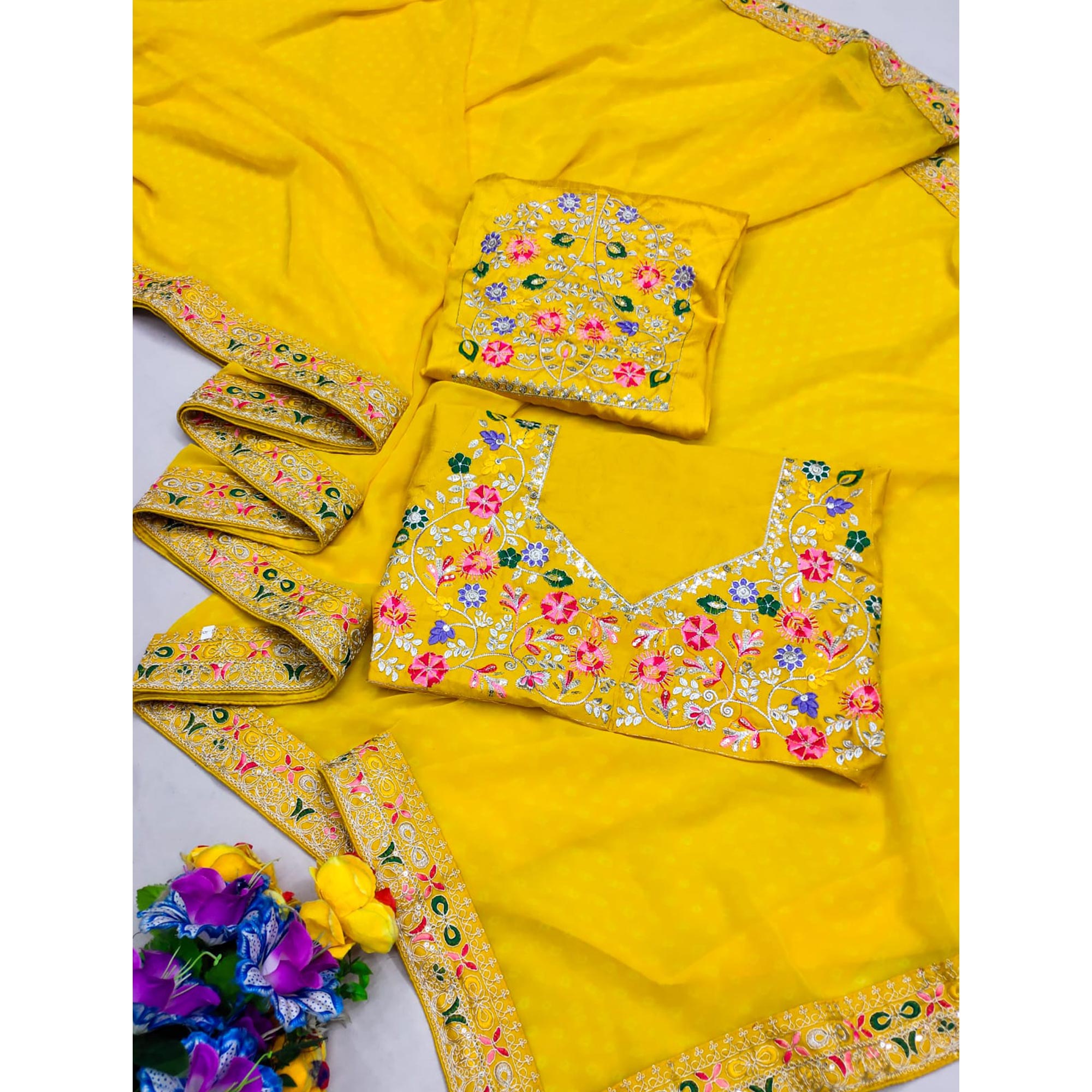 Mustard Bandhani Printed Georgette Saree With Embroidered Border