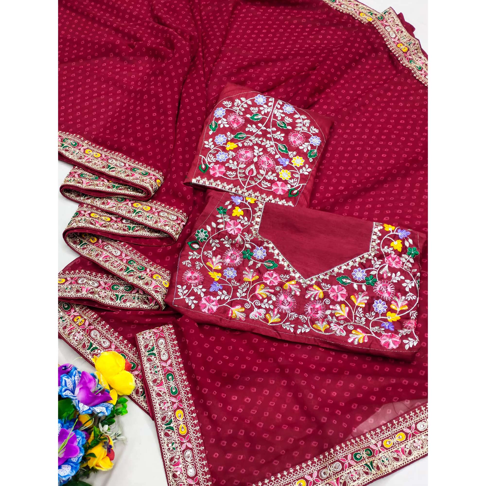 Maroon Bandhani Printed Georgette Saree With Embroidered Border
