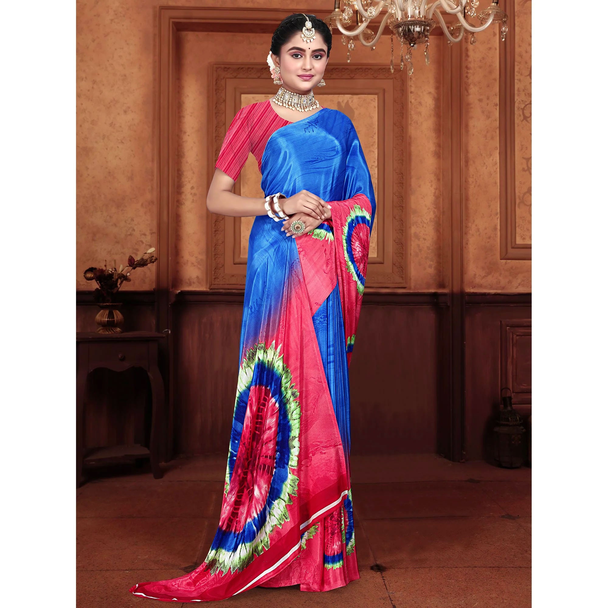 Blue & Pink Printed Crepe Silk Saree
