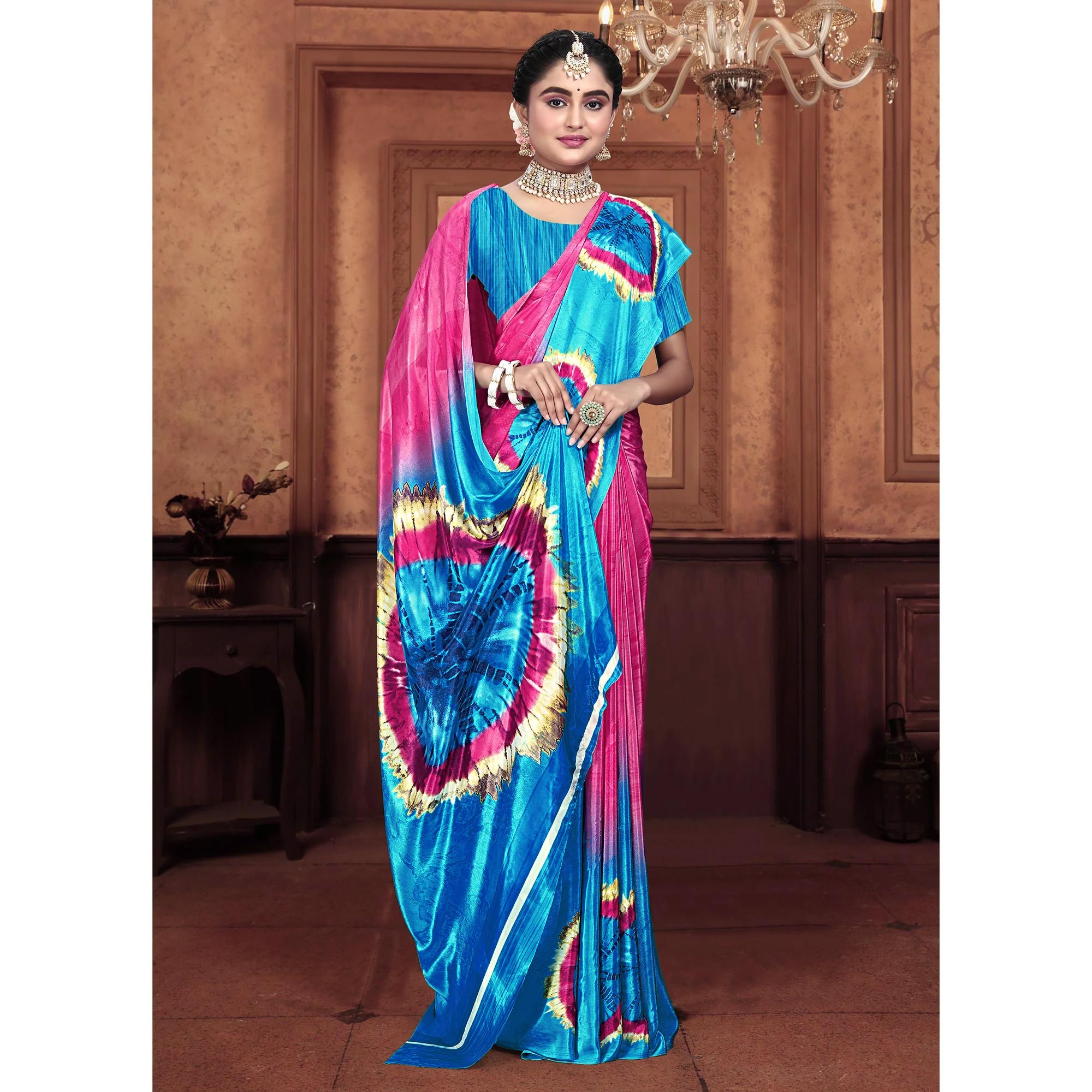 Turquoise & Pink Printed Crepe Silk Saree