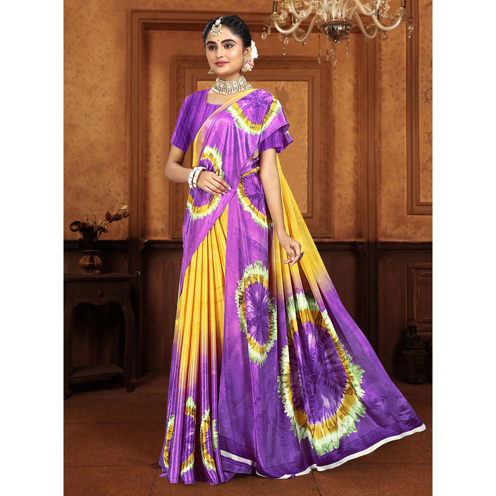 Purple & Yellow Printed Crepe Silk Saree