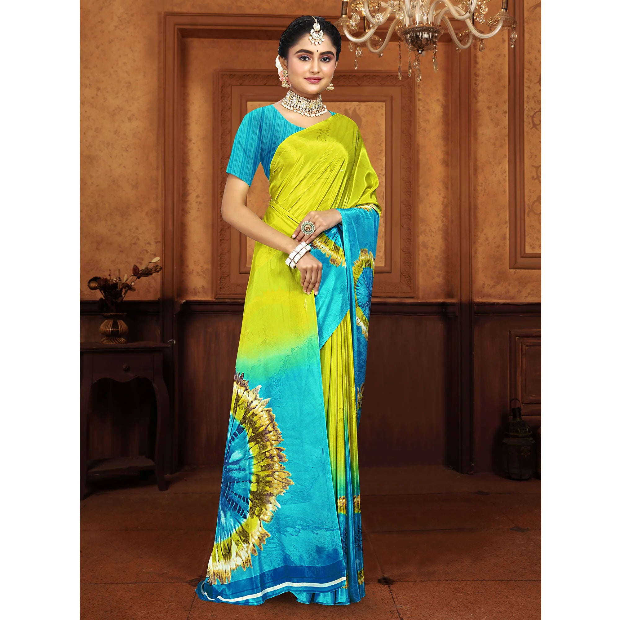Green & Turquoise Printed Crepe Silk Saree