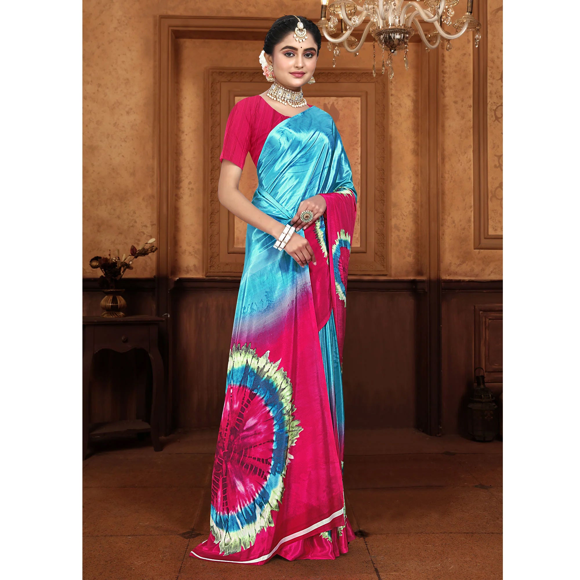 Blue & Pink Printed Crepe Silk Saree