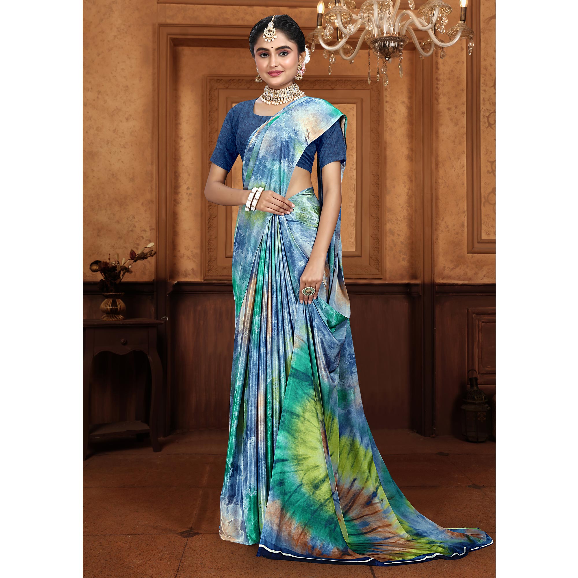 Blue Printed Crepe Silk Saree