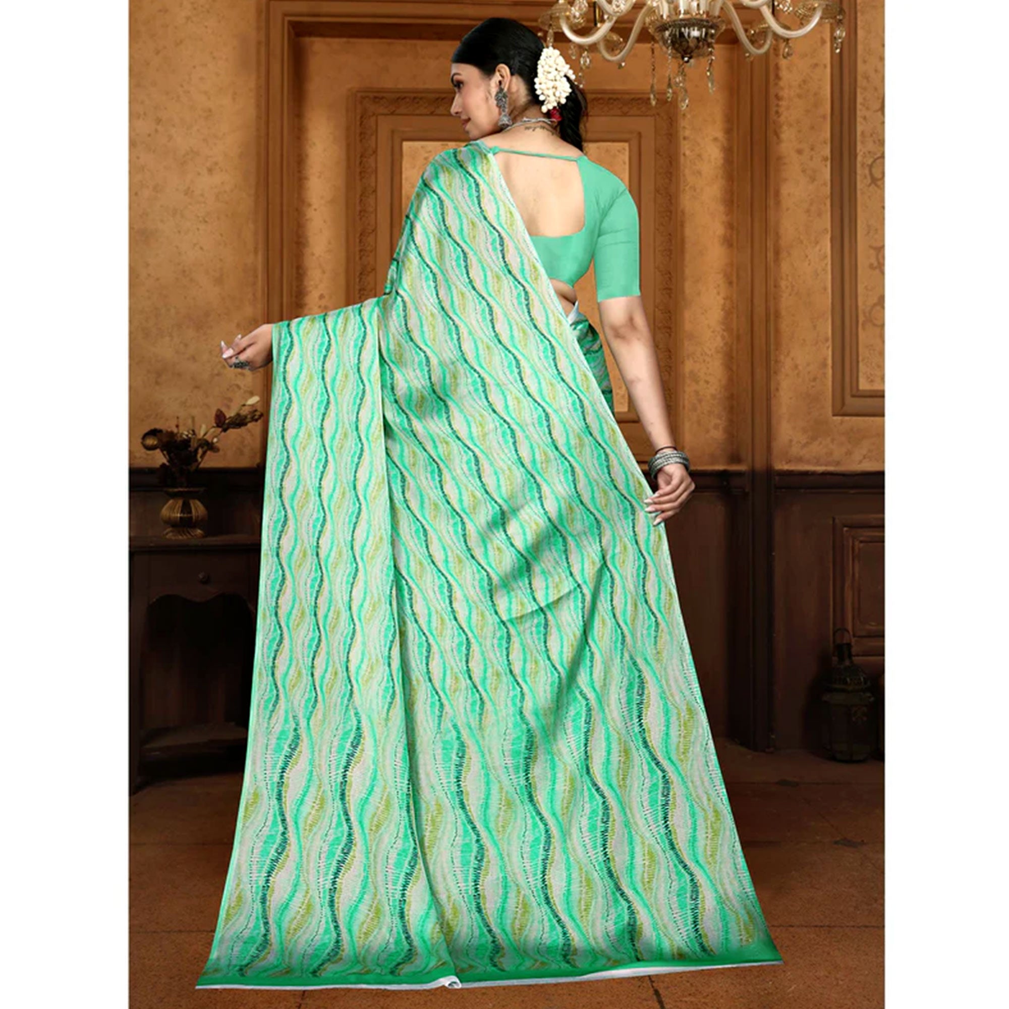 Green Zig Zag  Digital Printed Georgette Saree