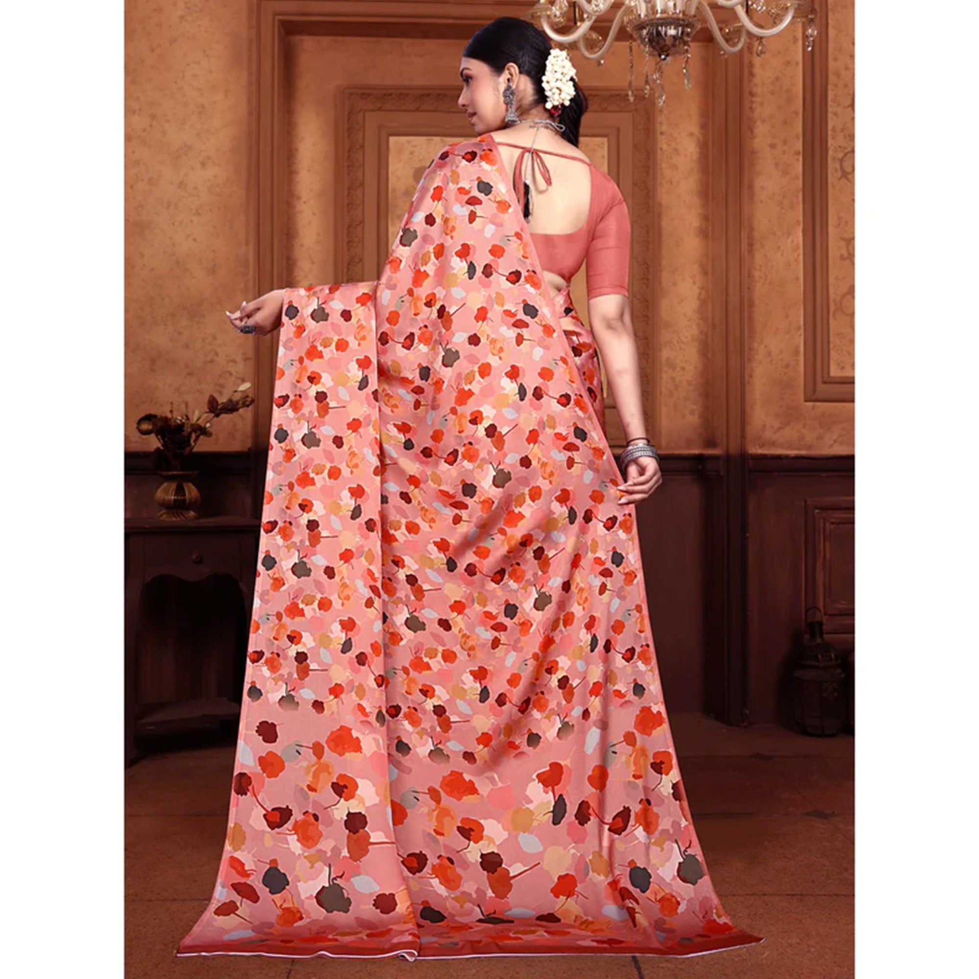 Peach Floral Digital Printed Georgette Saree