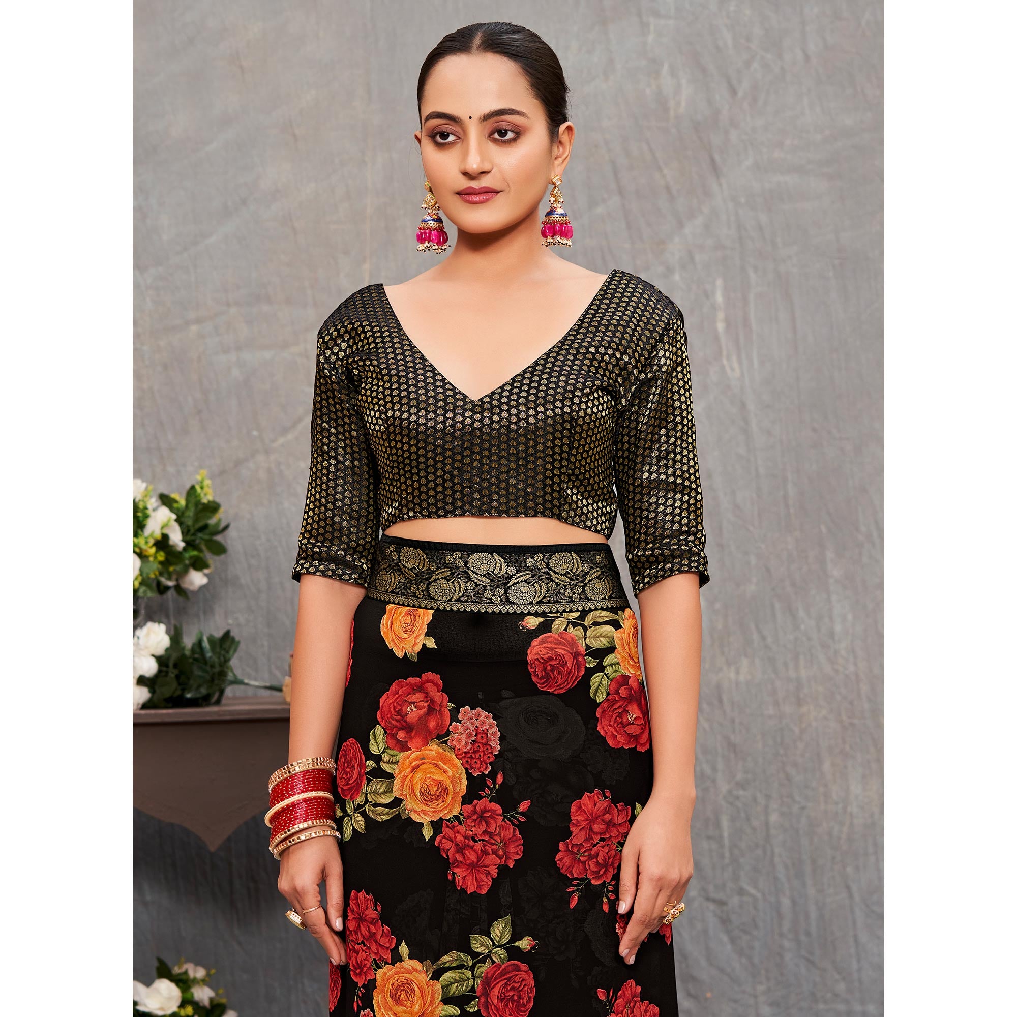 Black Floral Printed Georgette Saree