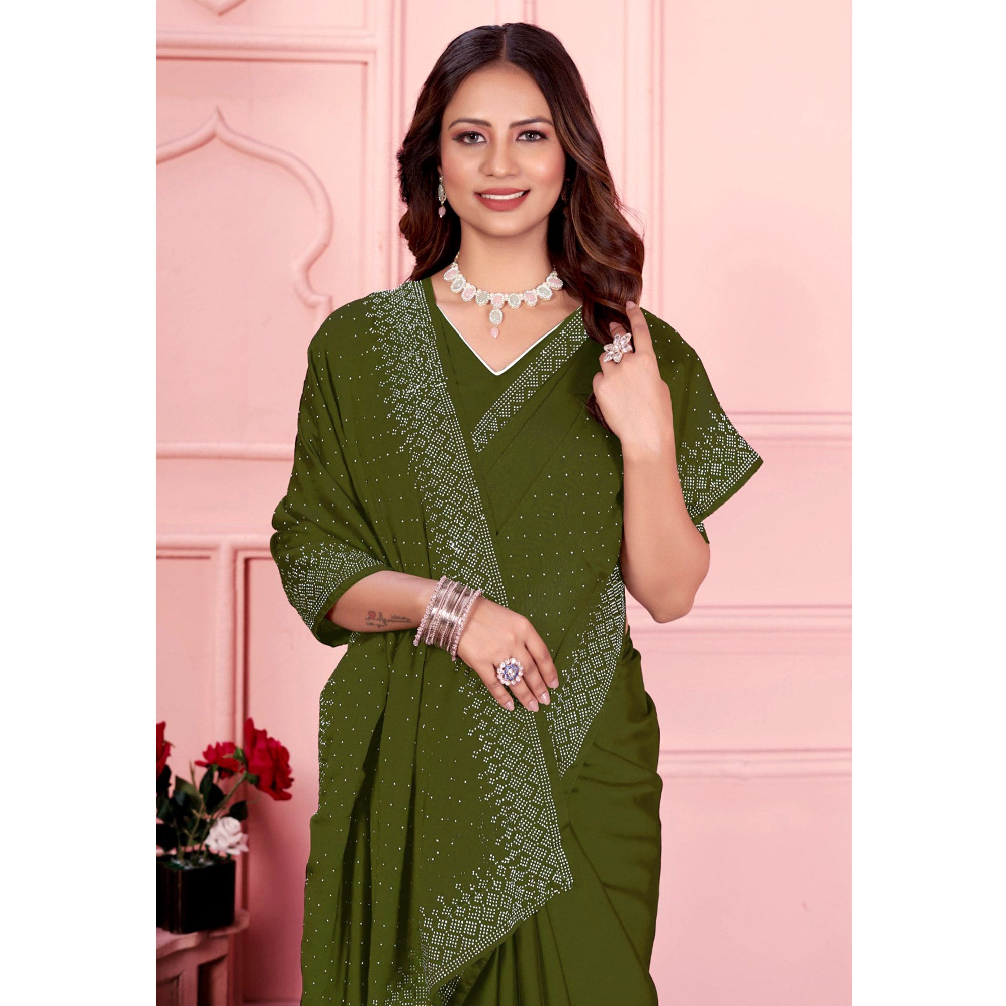 Mehendi Green Swarovski Work Satin Saree