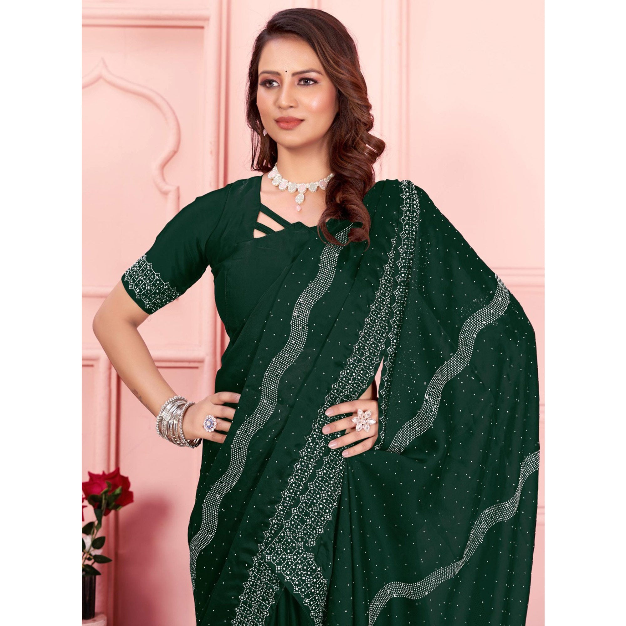 Green Swarovski Work Satin Saree