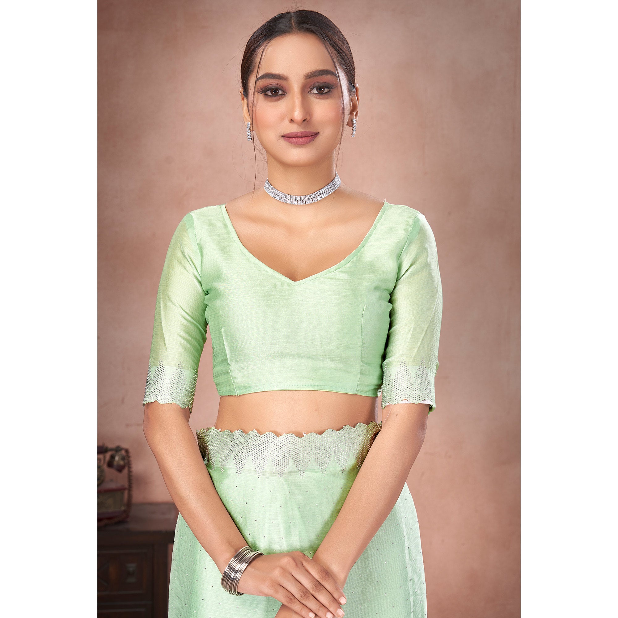 Pista Green Swarovski Work Satin Saree