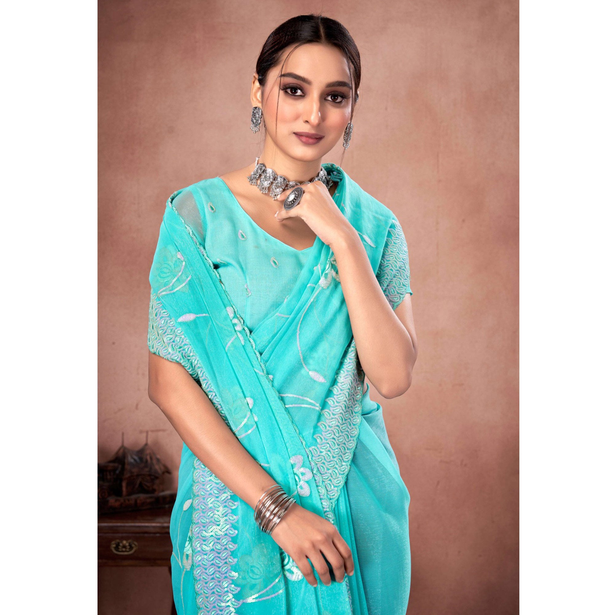 Blue Floral Sequins Embroidered Chiffon Saree