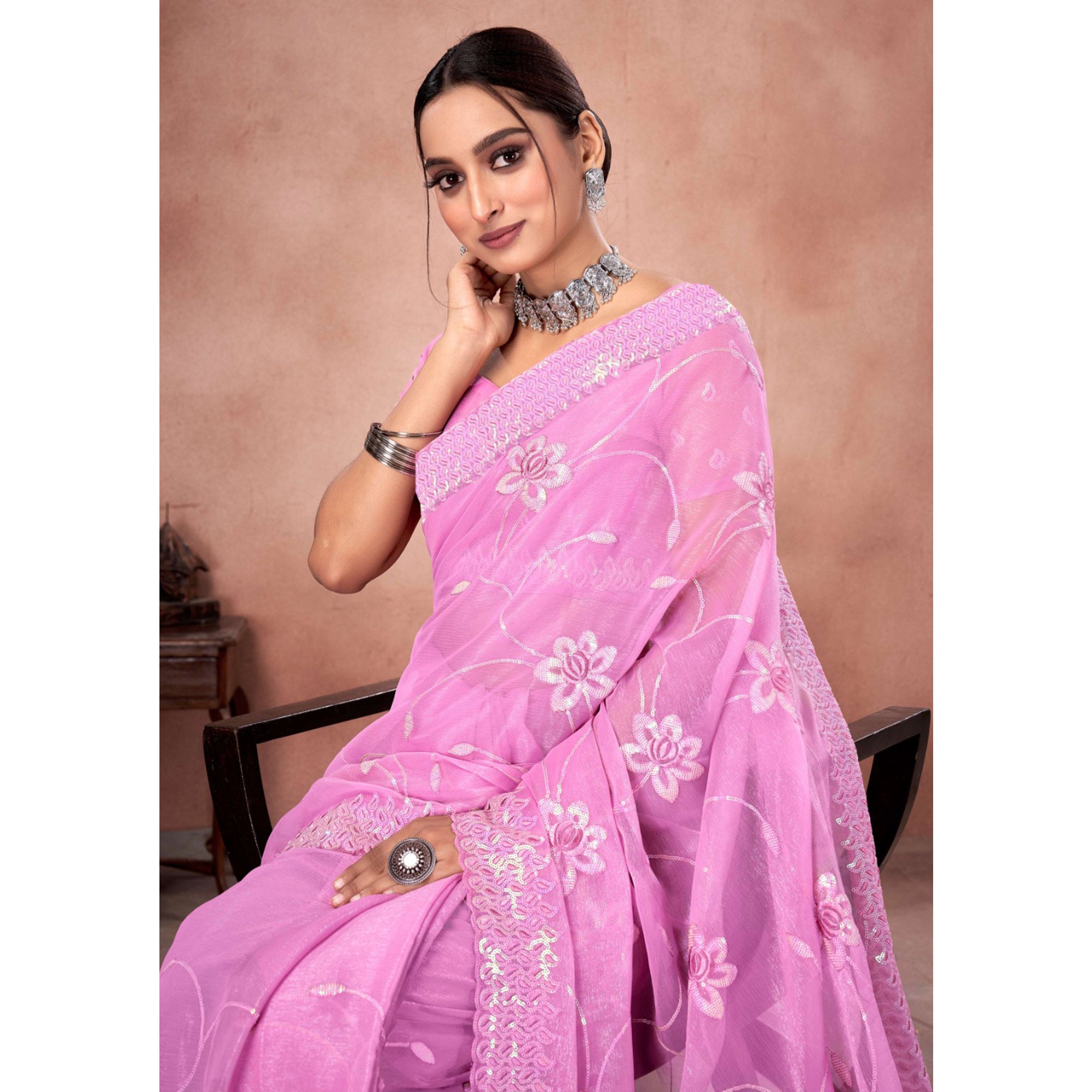 Pink Floral Sequins Embroidered Chiffon Saree