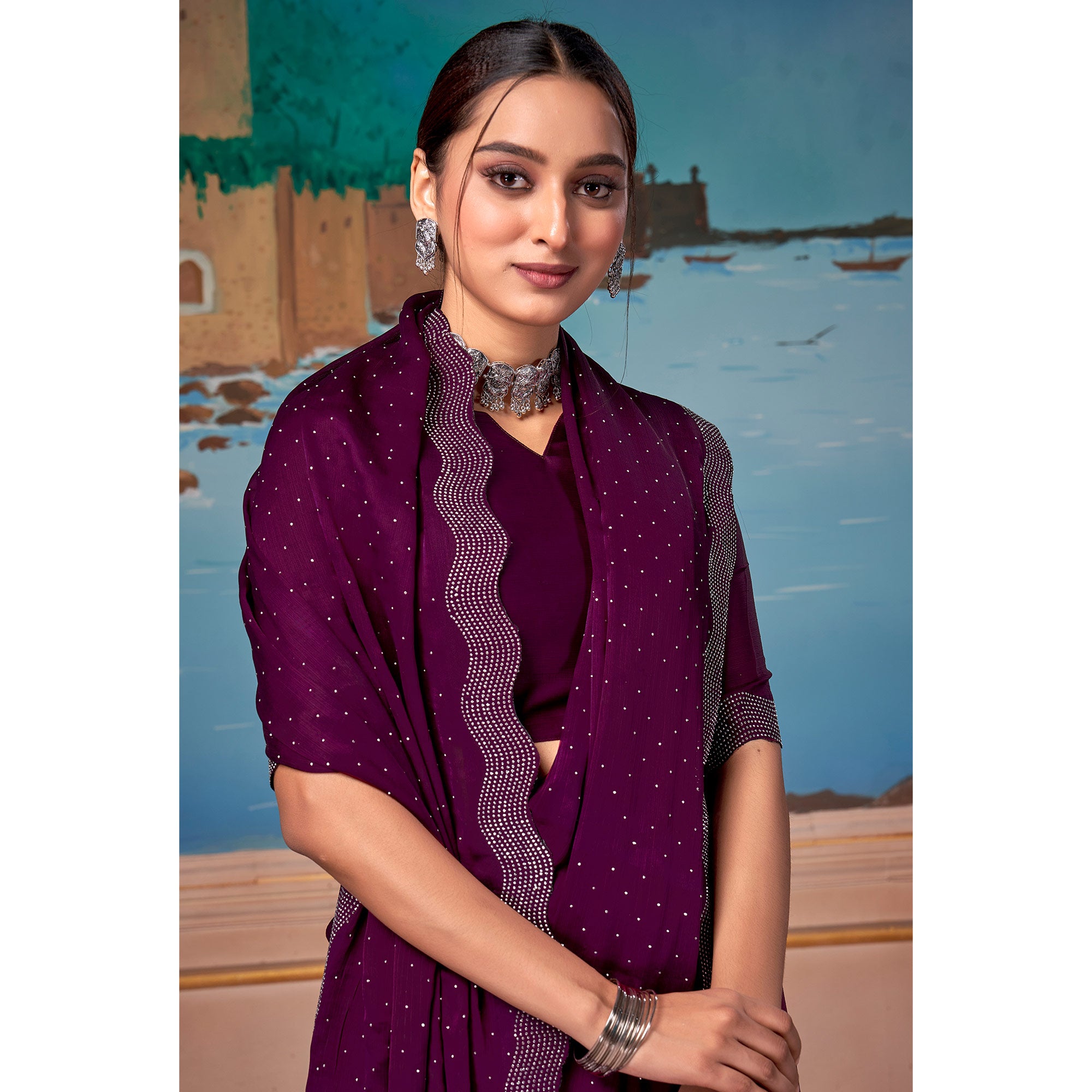 Wine Swarovski Work Satin Saree