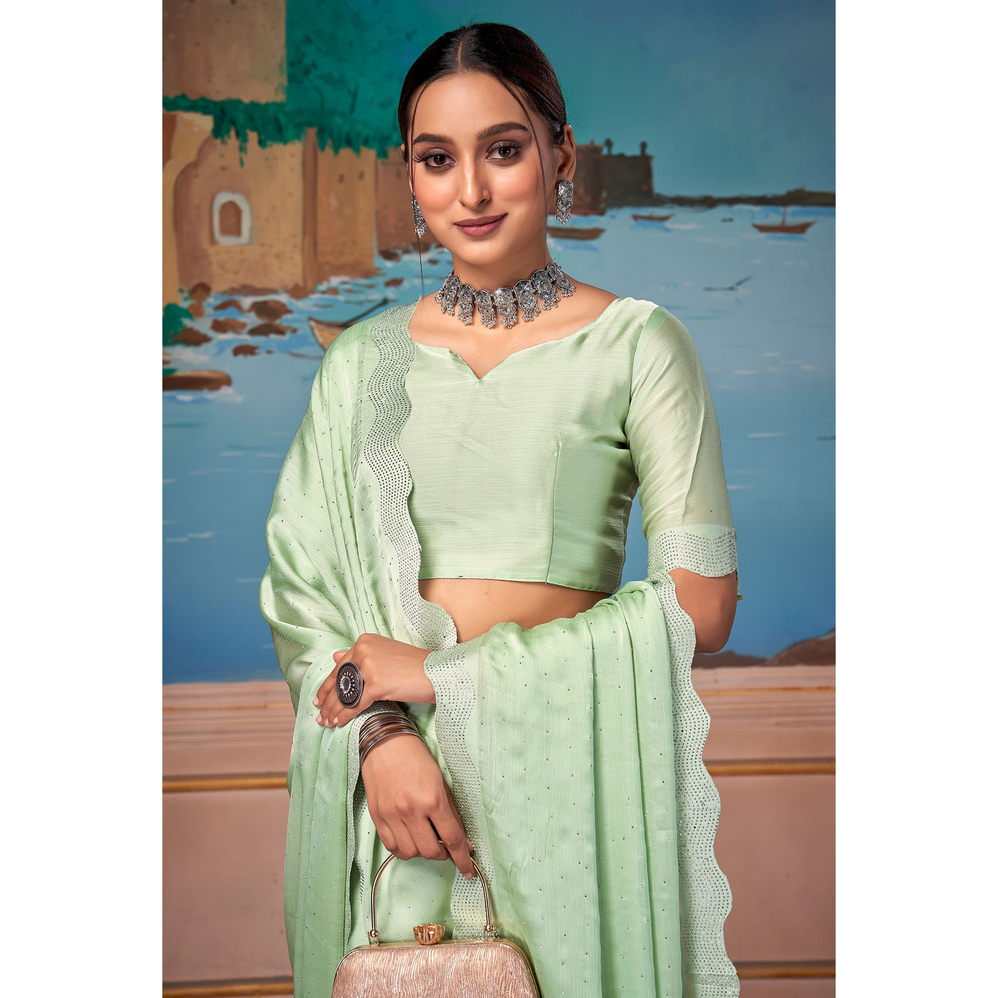 Pista Green Swarovski Work Satin Saree