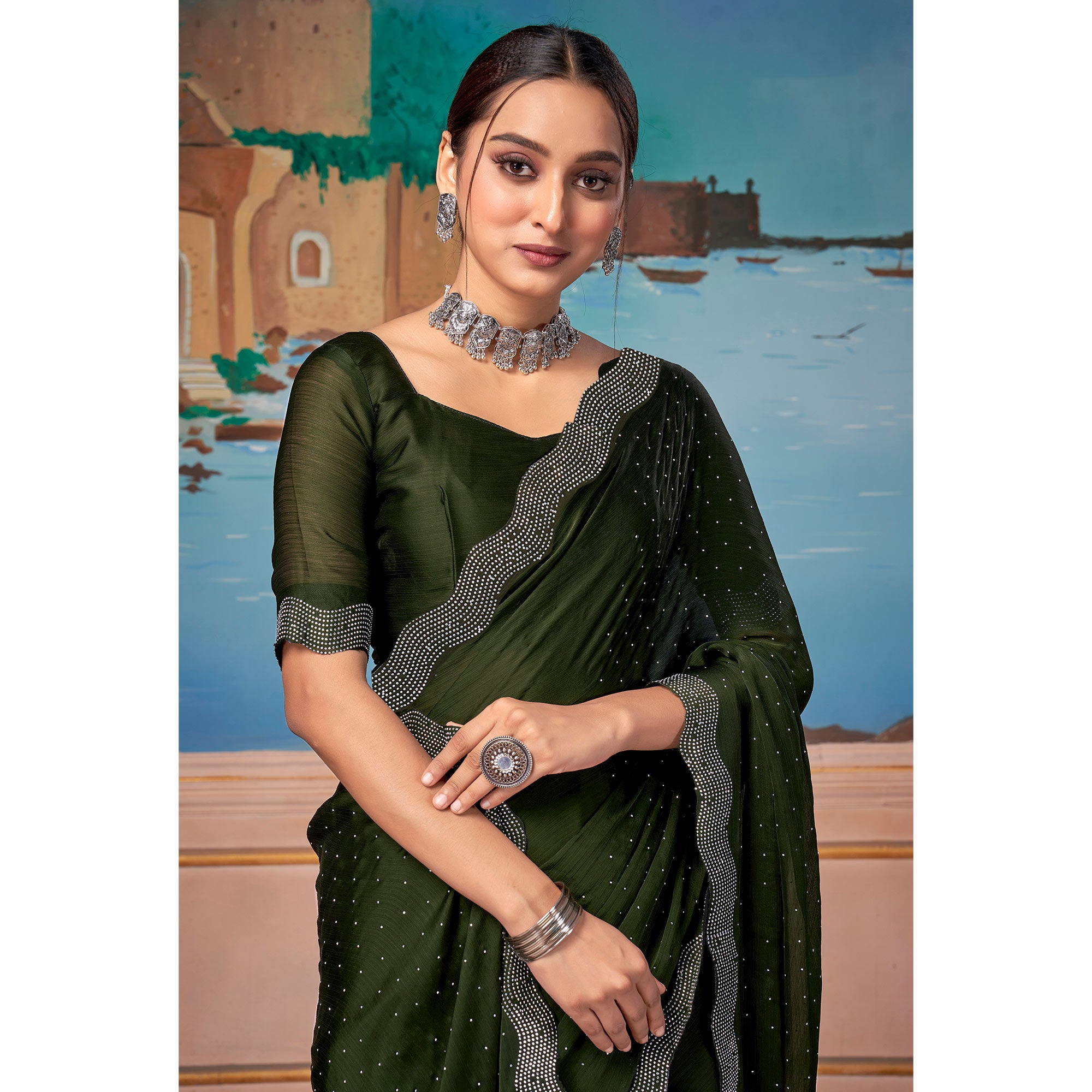 Green Swarovski Work Satin Saree