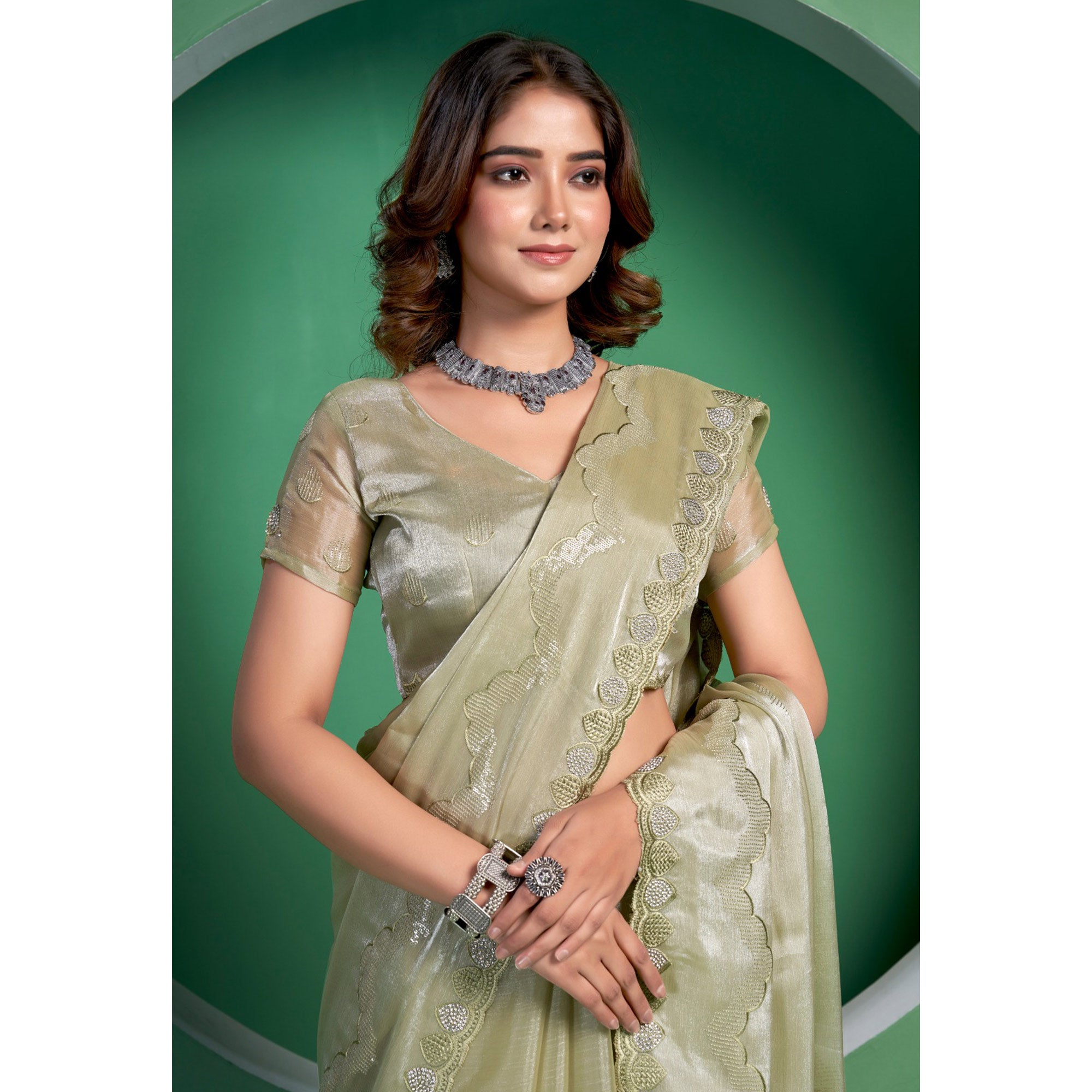Pista Green Sequins Embroidered Chiffon Saree With Diamond Border