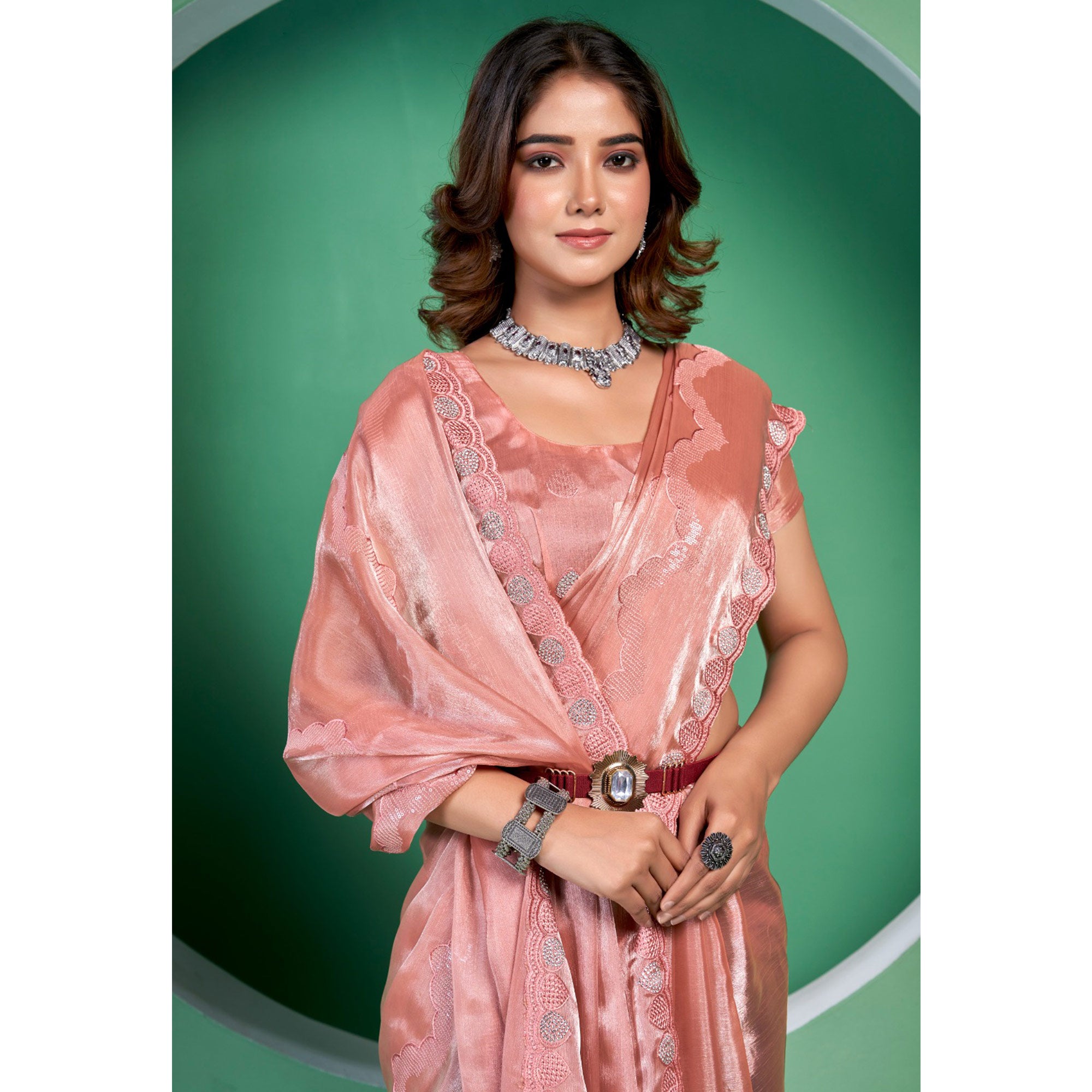 Peach Sequins Embroidered Chiffon Saree With Diamond Border