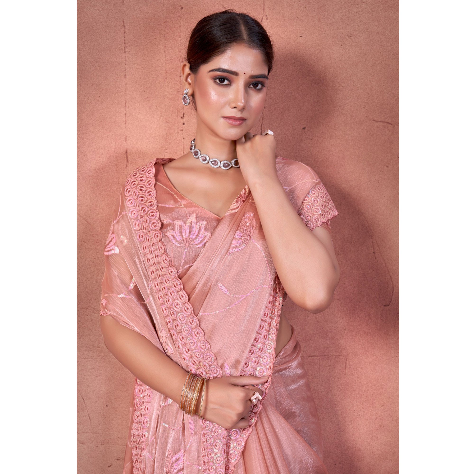 Peach Floral Sequins Embroidered chiffon Saree