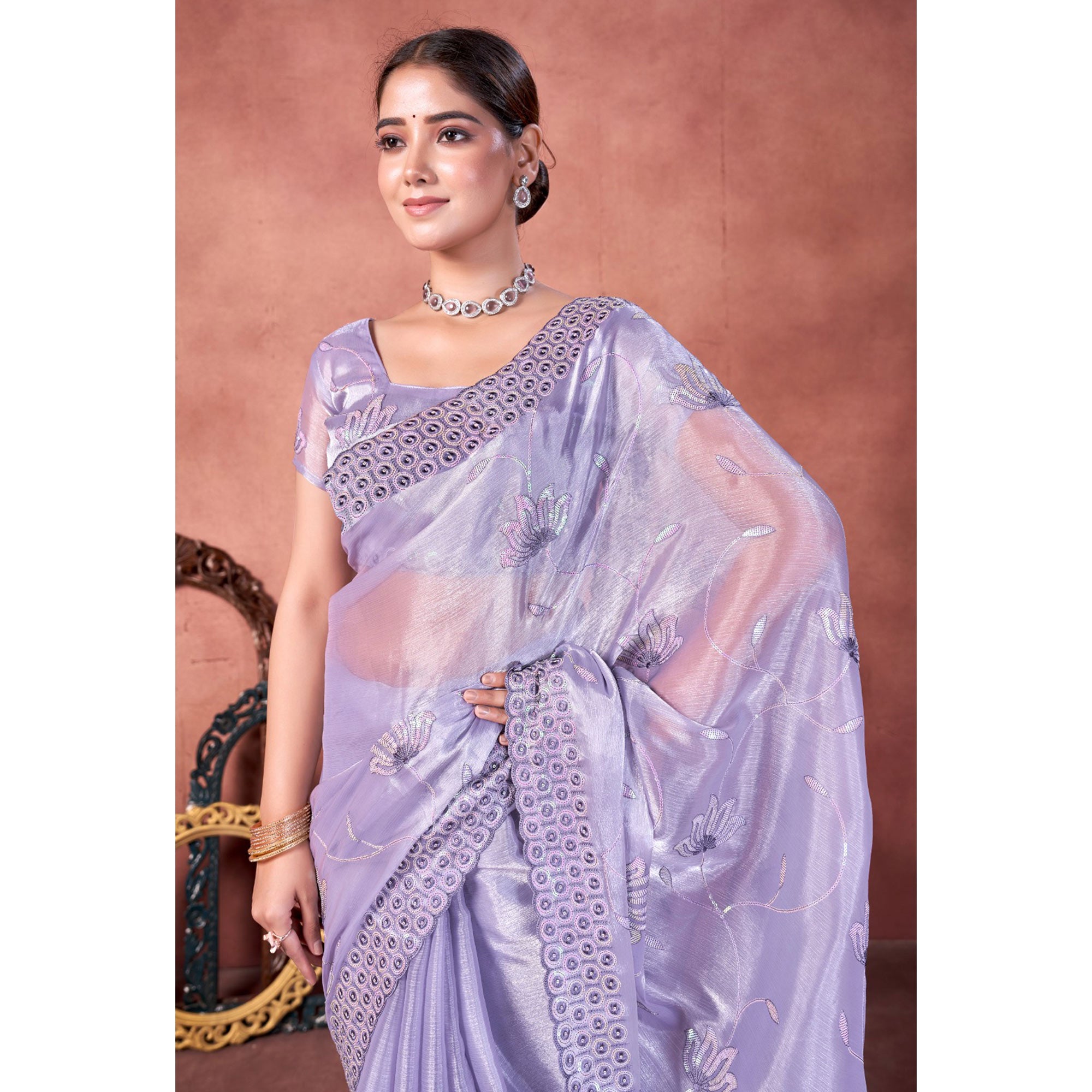 Lavender Floral Sequins Embroidered chiffon Saree