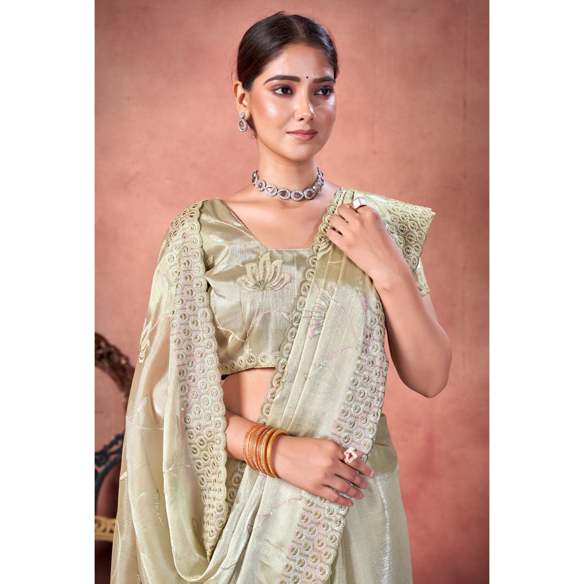 Pista Green Floral Sequins Embroidered chiffon Saree