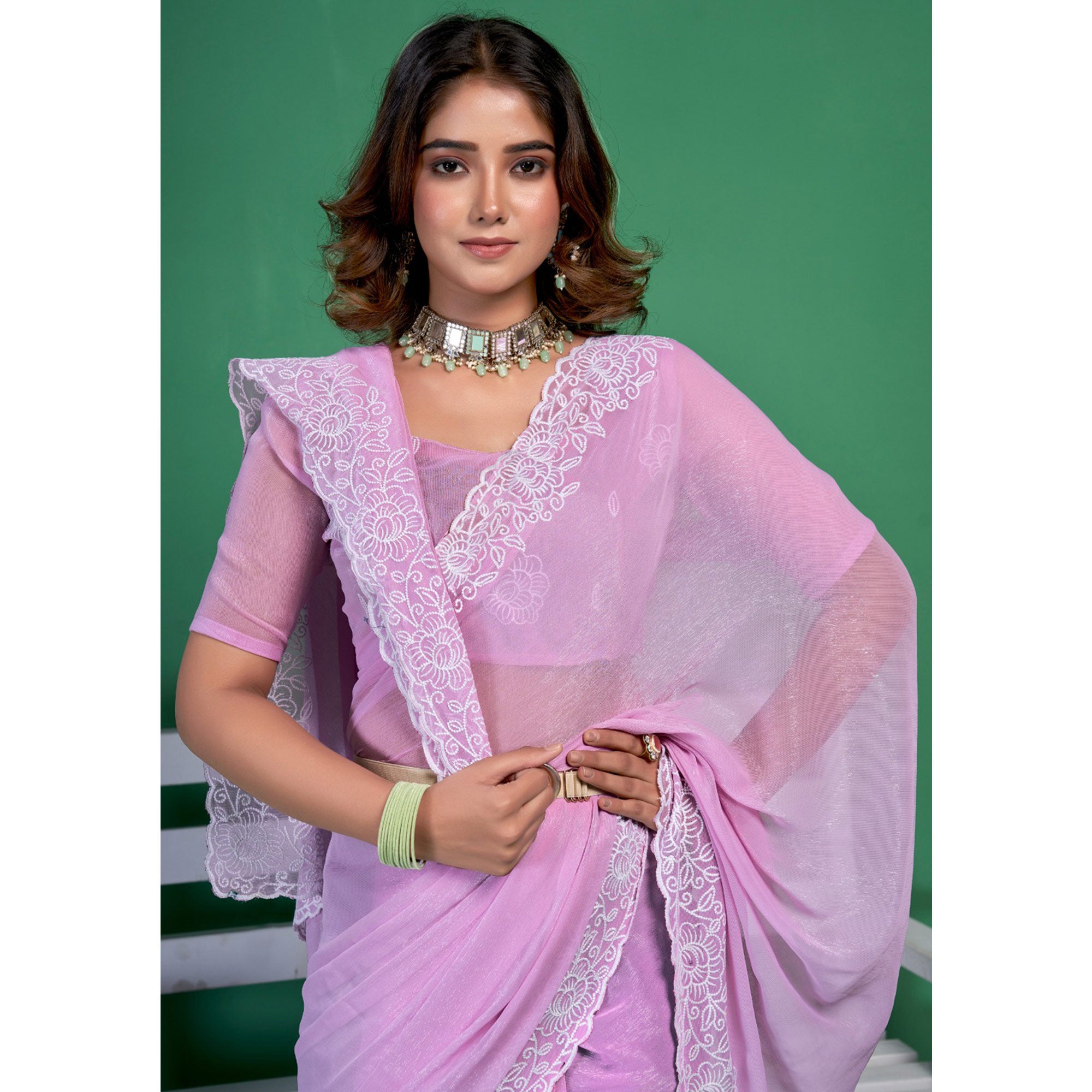 Purple Chiffon Saree With Embroidered Border