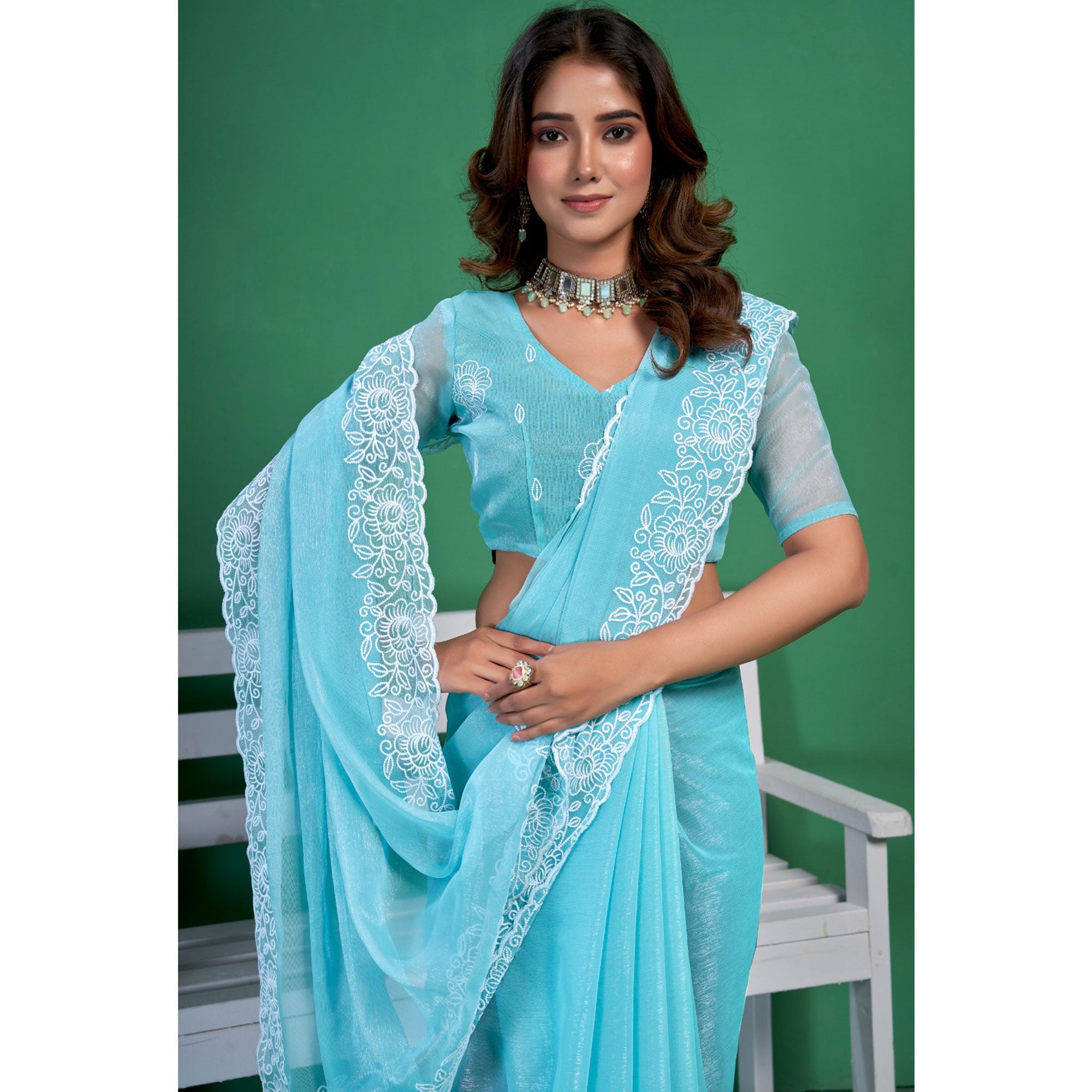 Blue Chiffon Saree With Embroidered Border