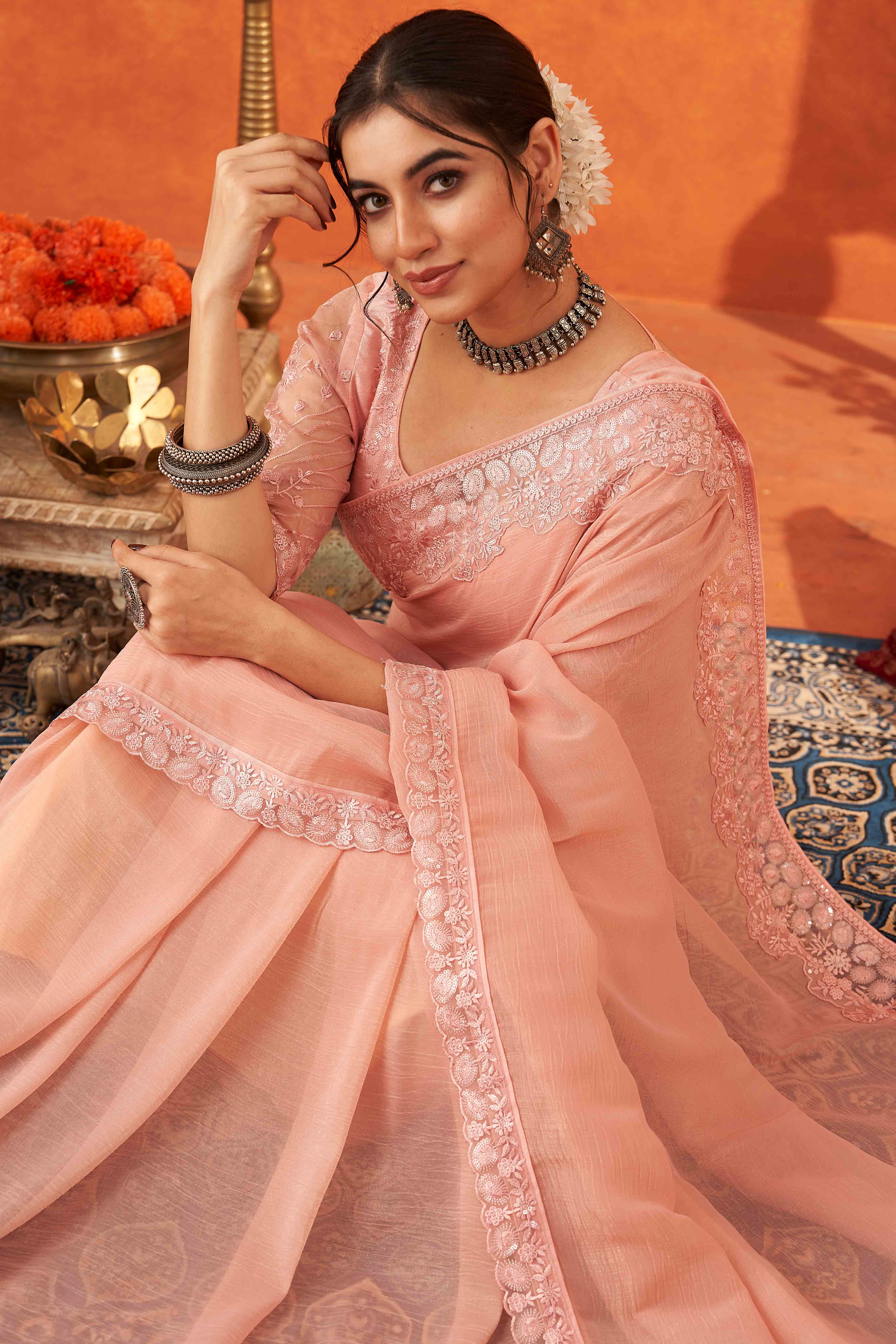 Peach Embroidered Crunchy Soft Net Saree With Embellished Border