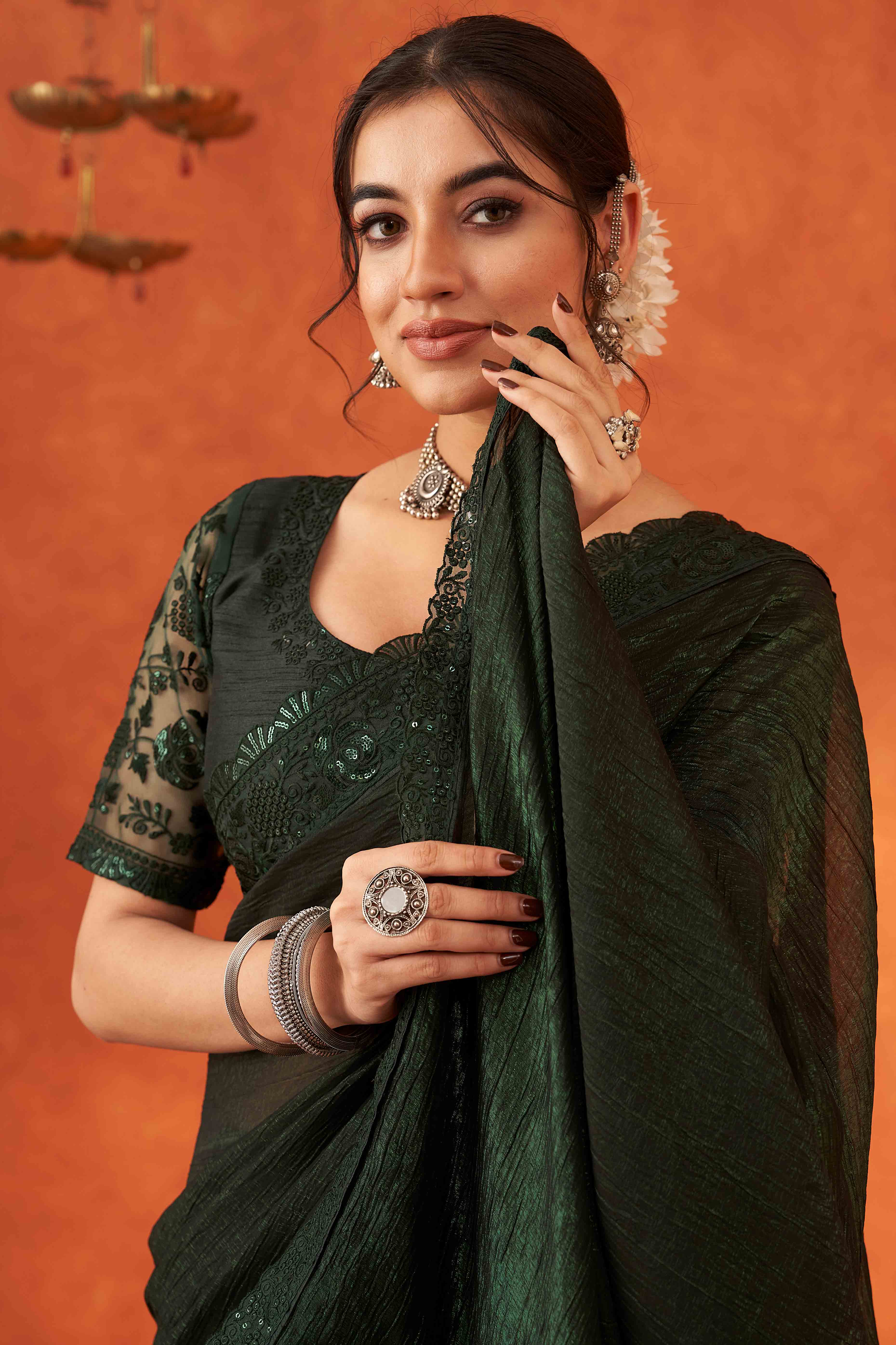 Green Embroidered Crunchy Soft Net Saree With Embellished Border