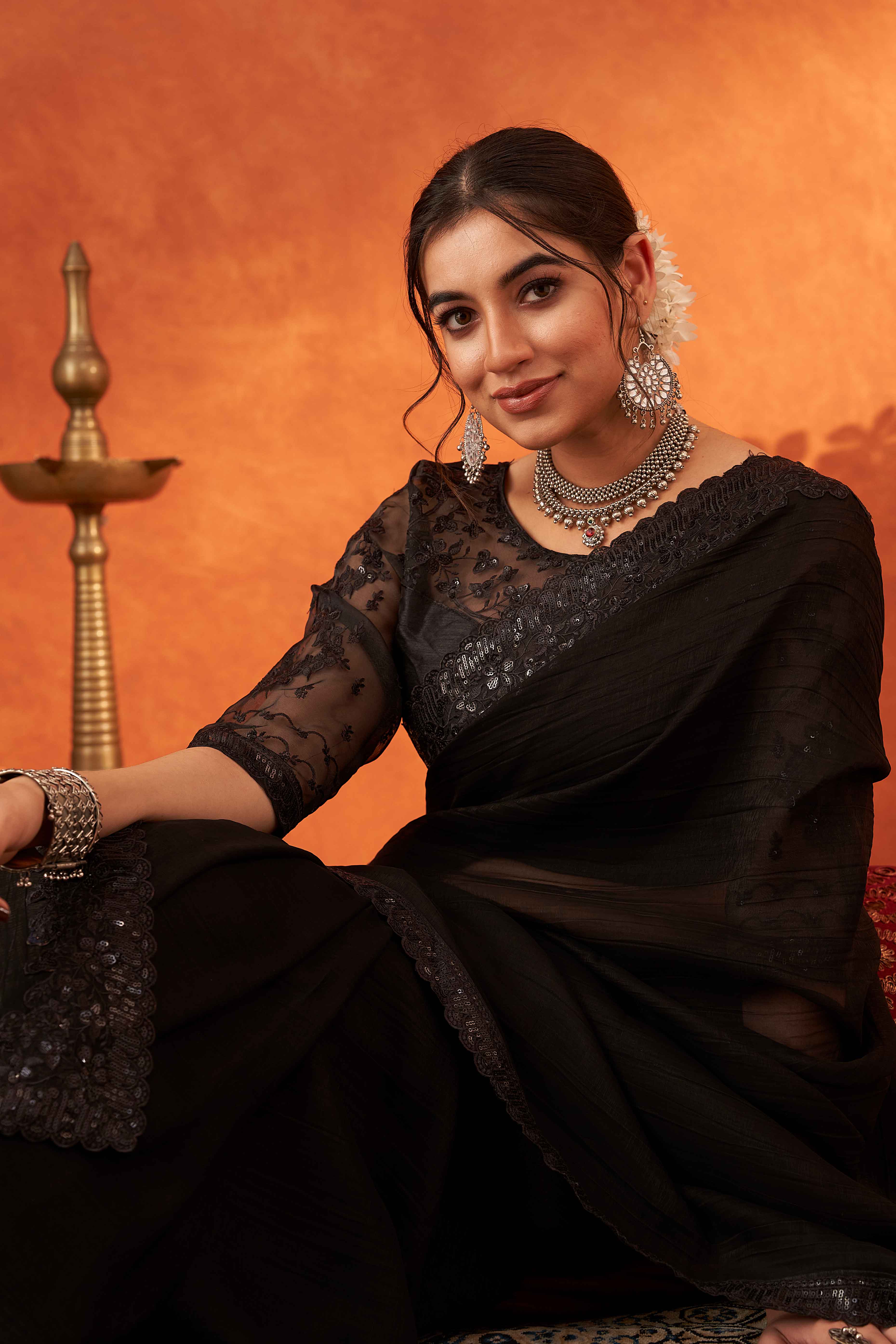 Black Embroidered Crunchy Soft Net Saree With Embellished Border