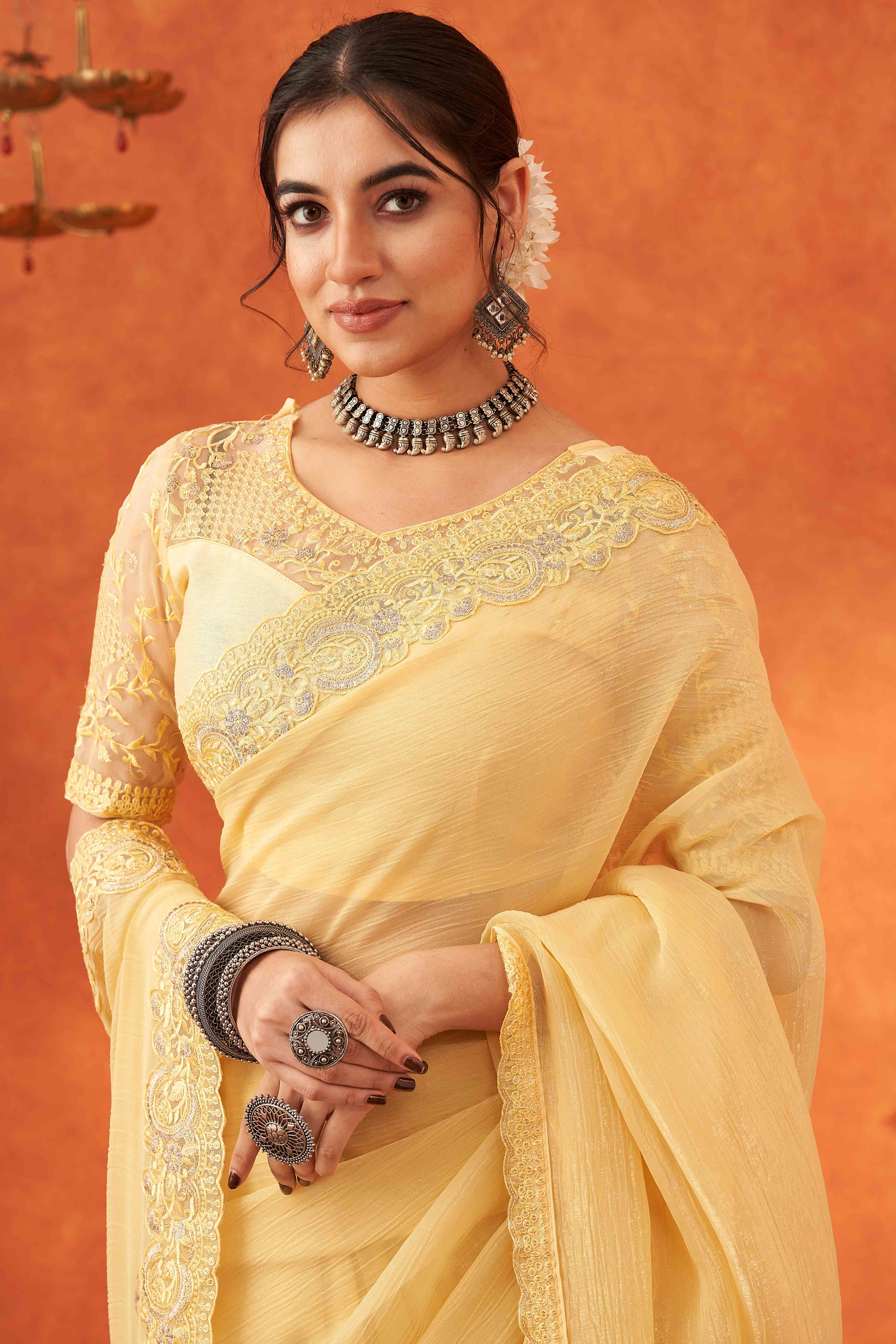 Yellow Embroidered Crunchy Soft Net Saree With Embellished Border