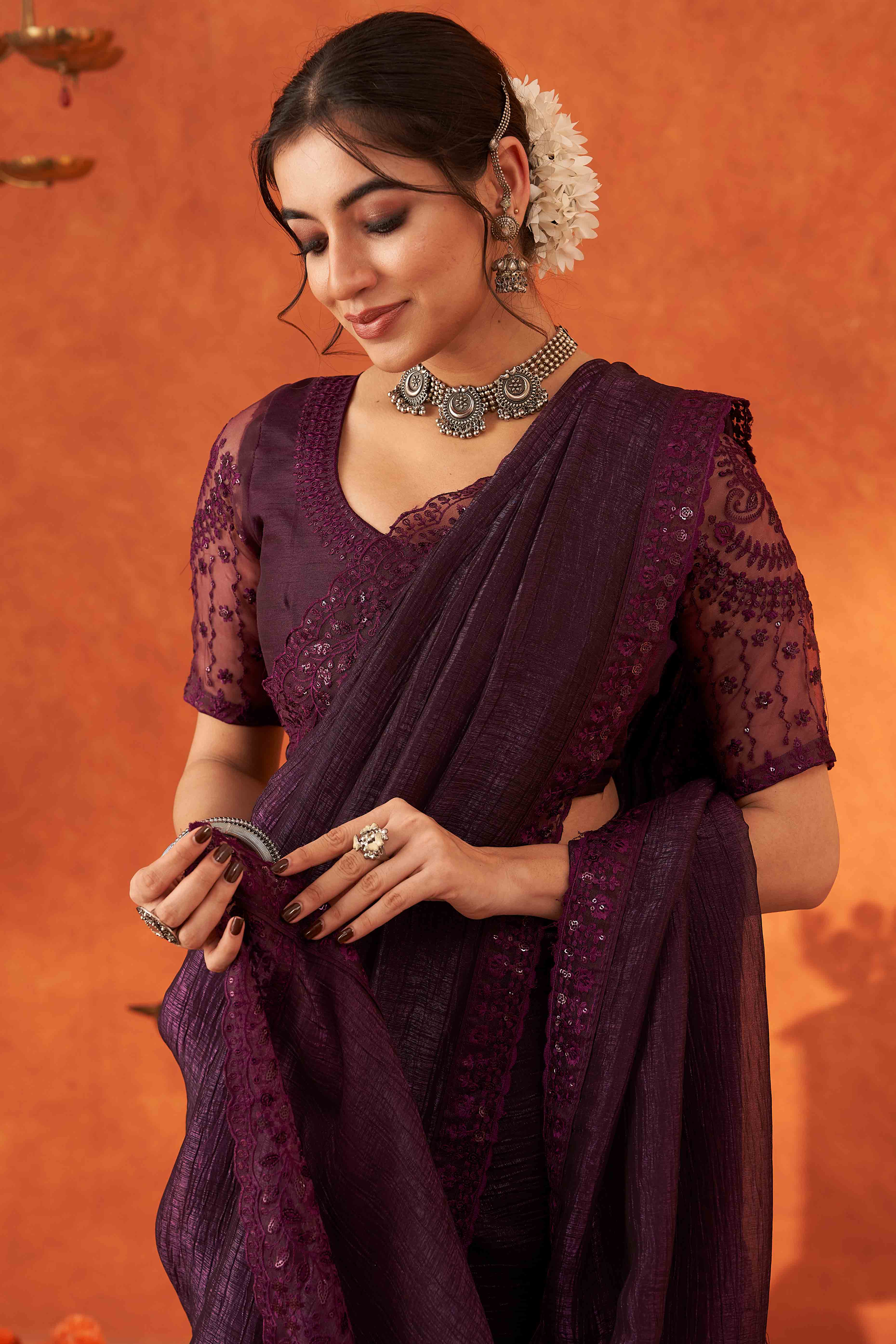 Wine Embroidered Crunchy Soft Net Saree With Embellished Border