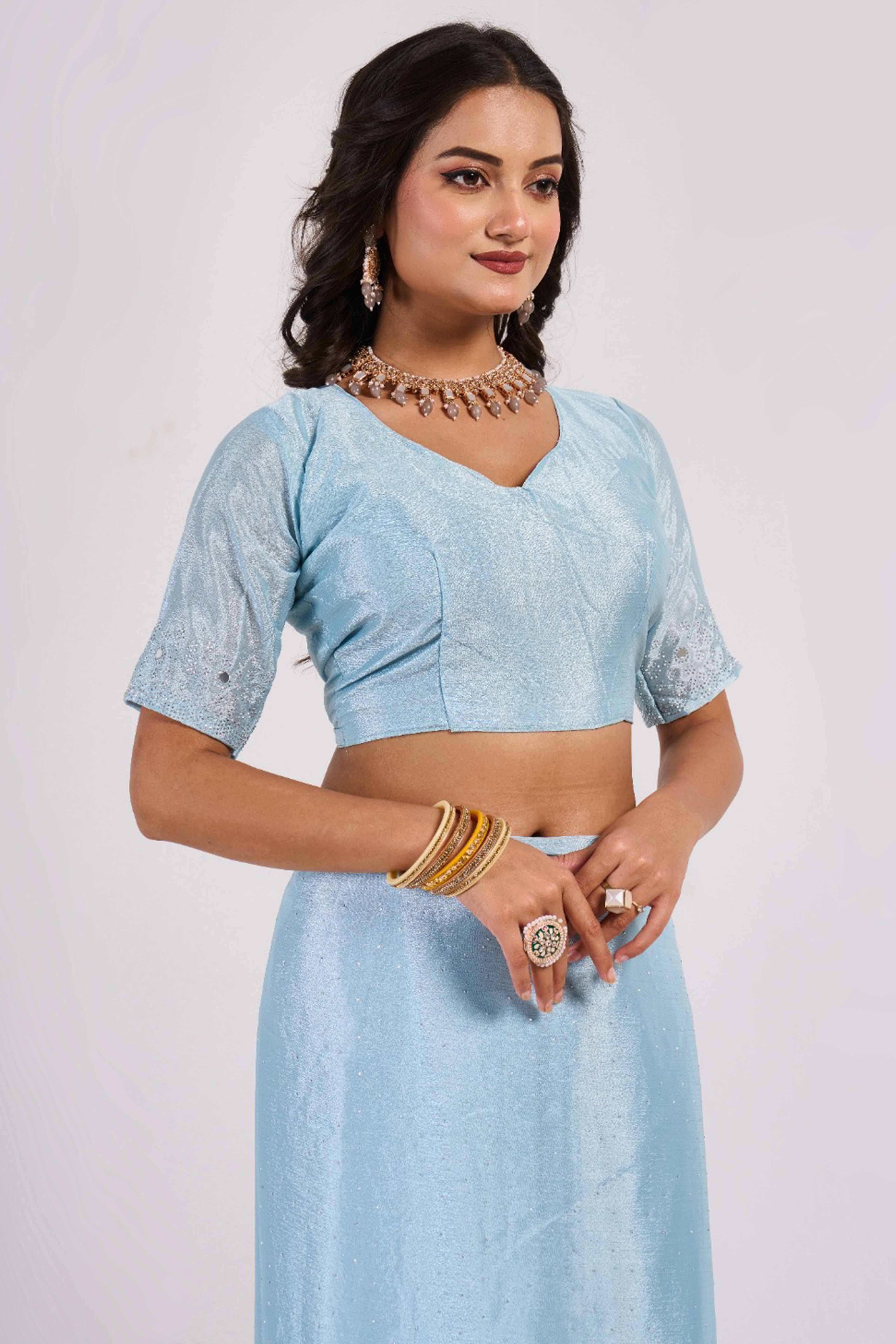 Blue Swarovski With Mirror Work Chinon Saree