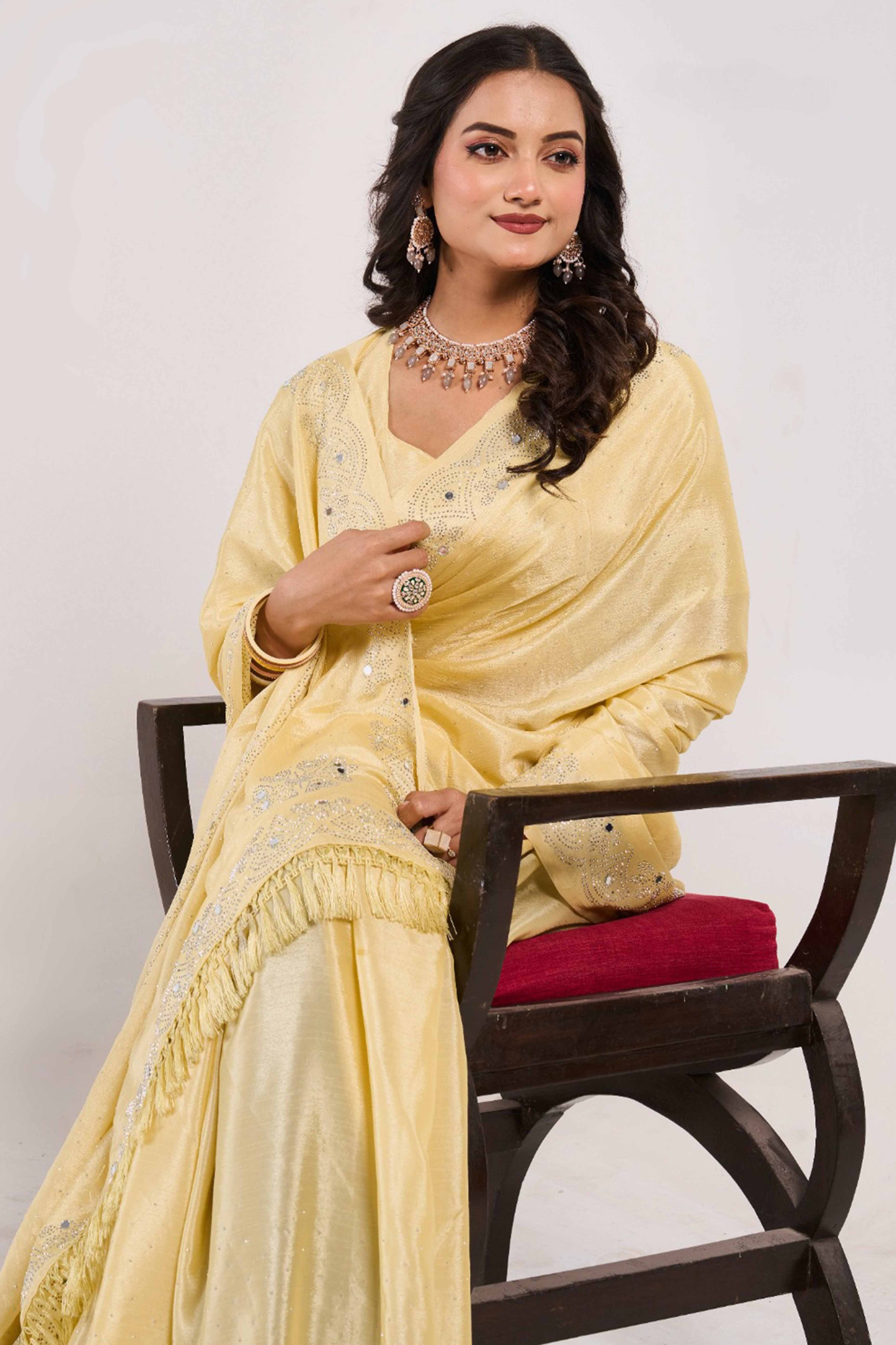 Light Yellow Swarovski With Mirror Work Chinon Saree