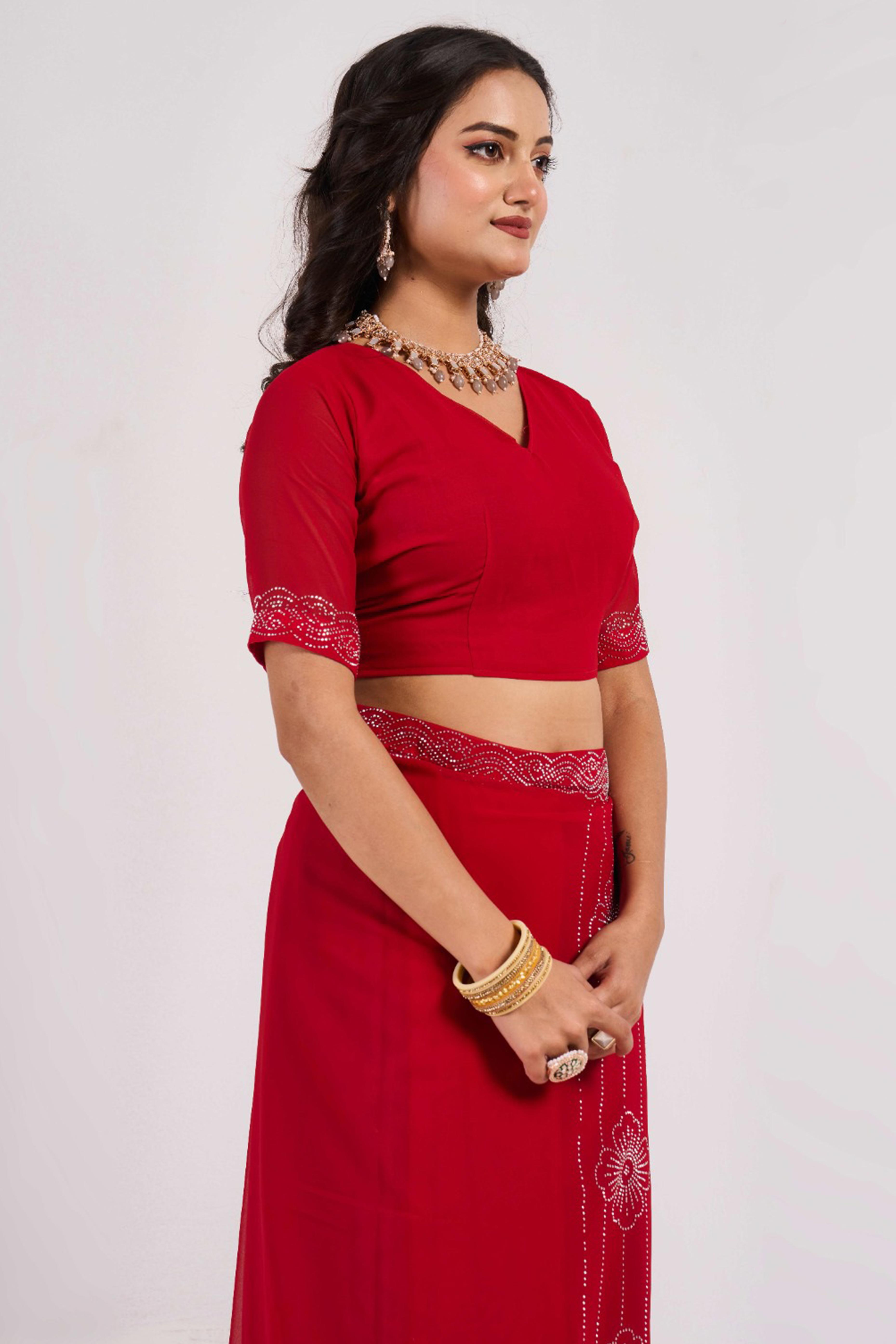 Cherry Red Swarovski Work Georgette Saree