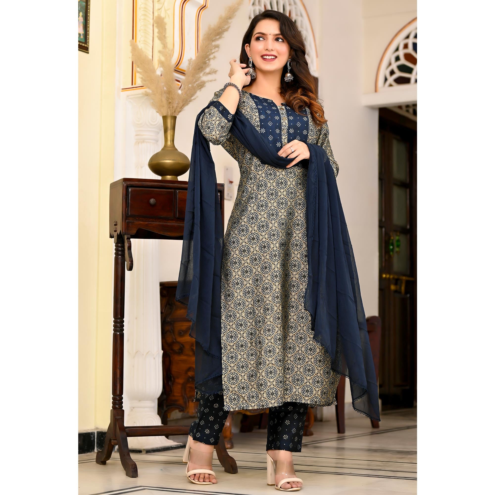 Blue Printed Chanderi Suit