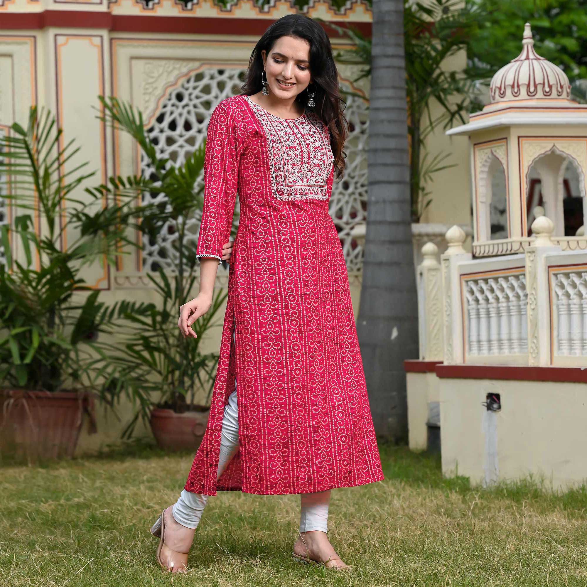 Red Foil Bandhani Printed With Embroidered Rayon Kurti