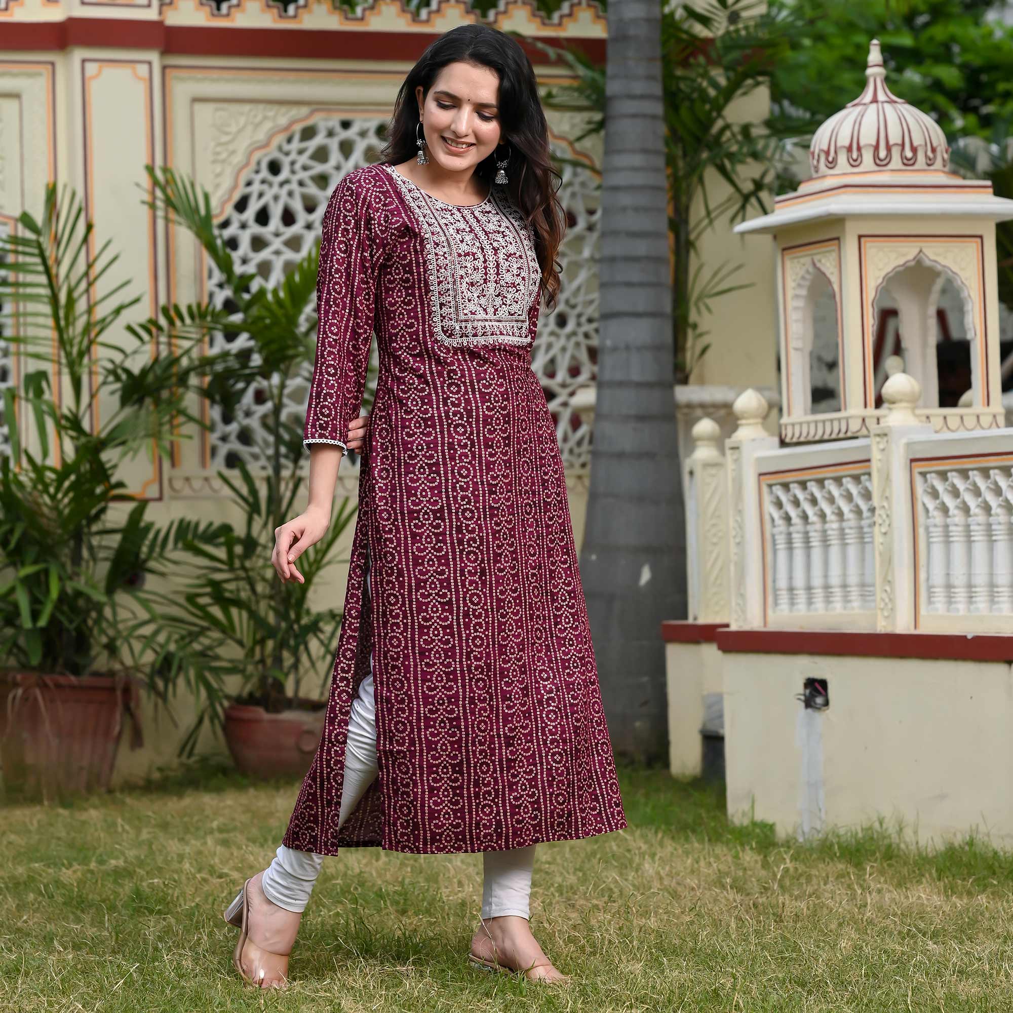 Wine Foil Bandhani Printed With Embroidered Rayon Kurti