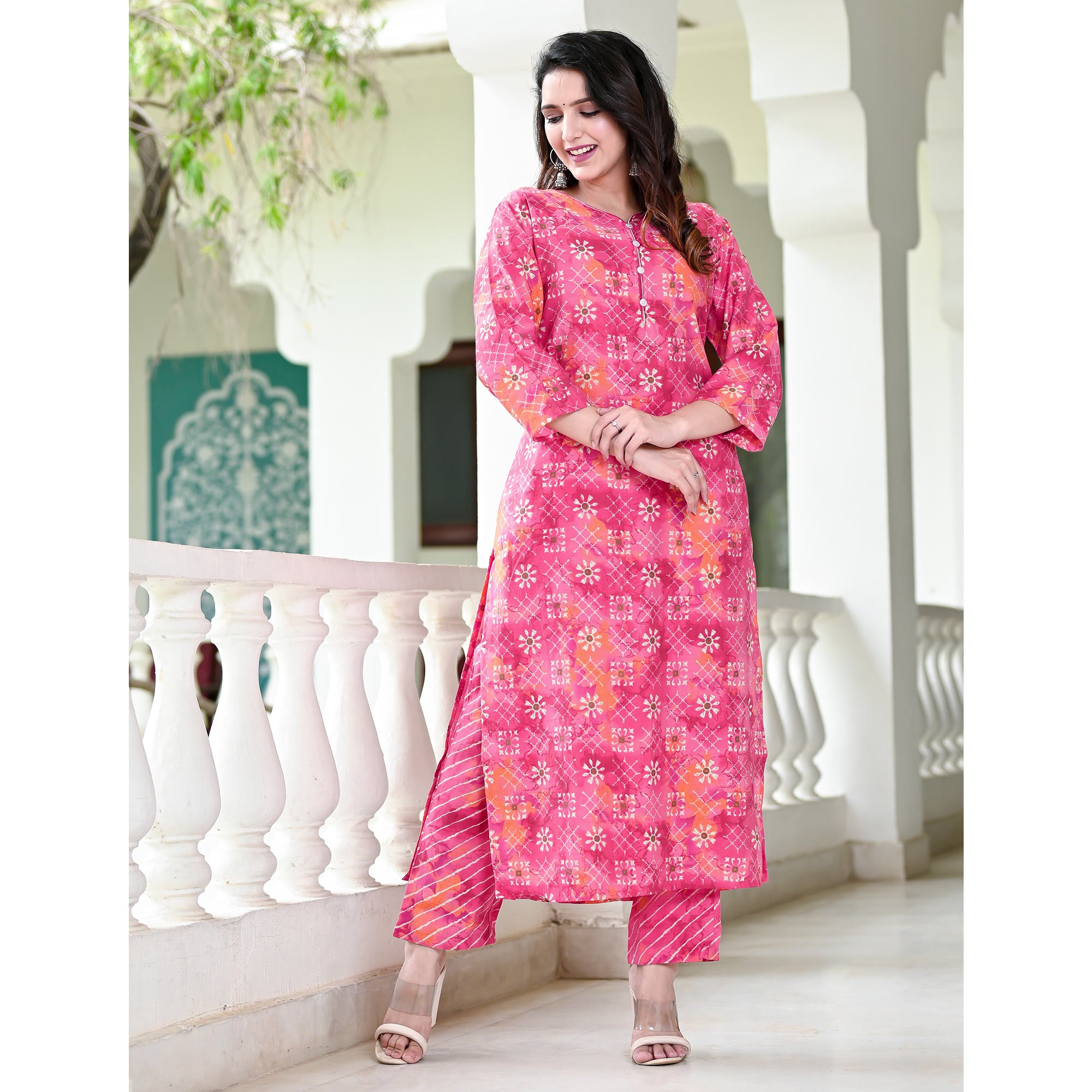 Pink Floral Printed Chanderi Suit