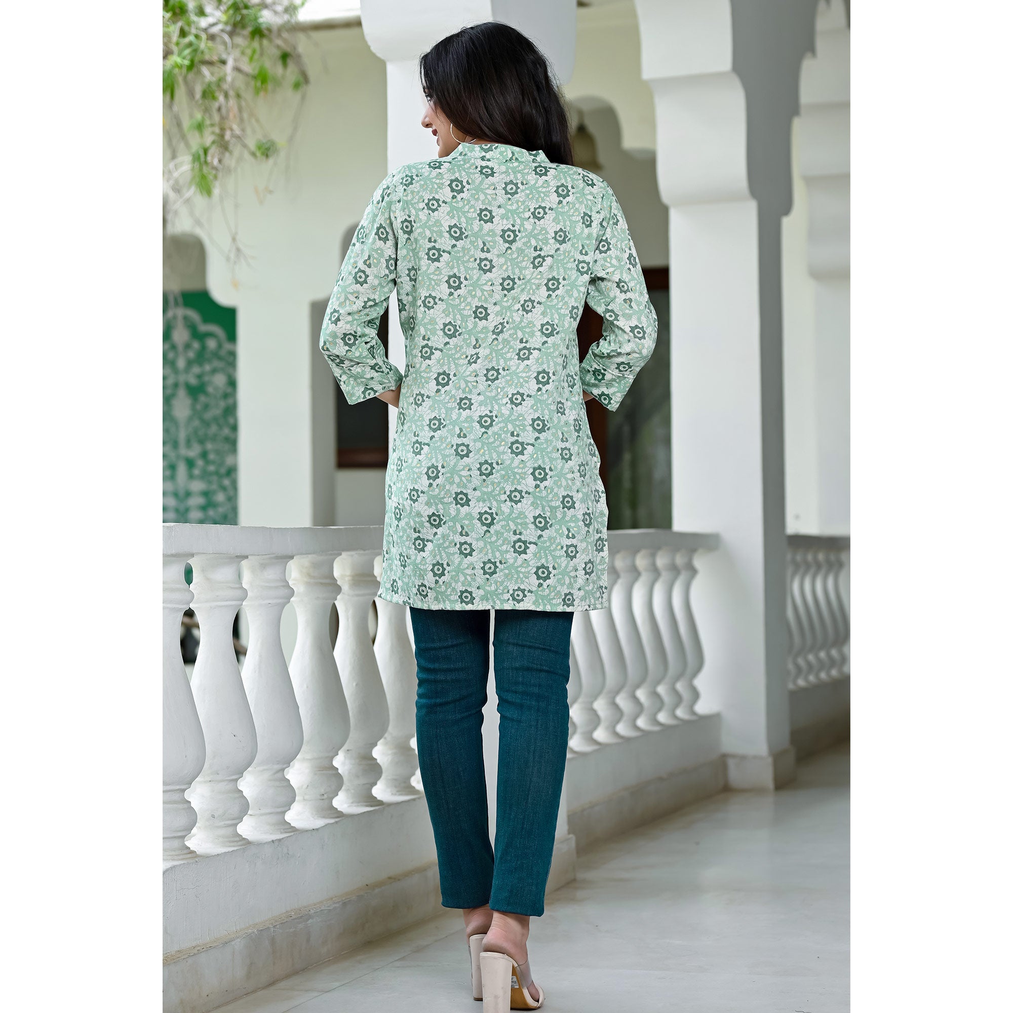 Green Floral Foil Printed Rayon Top