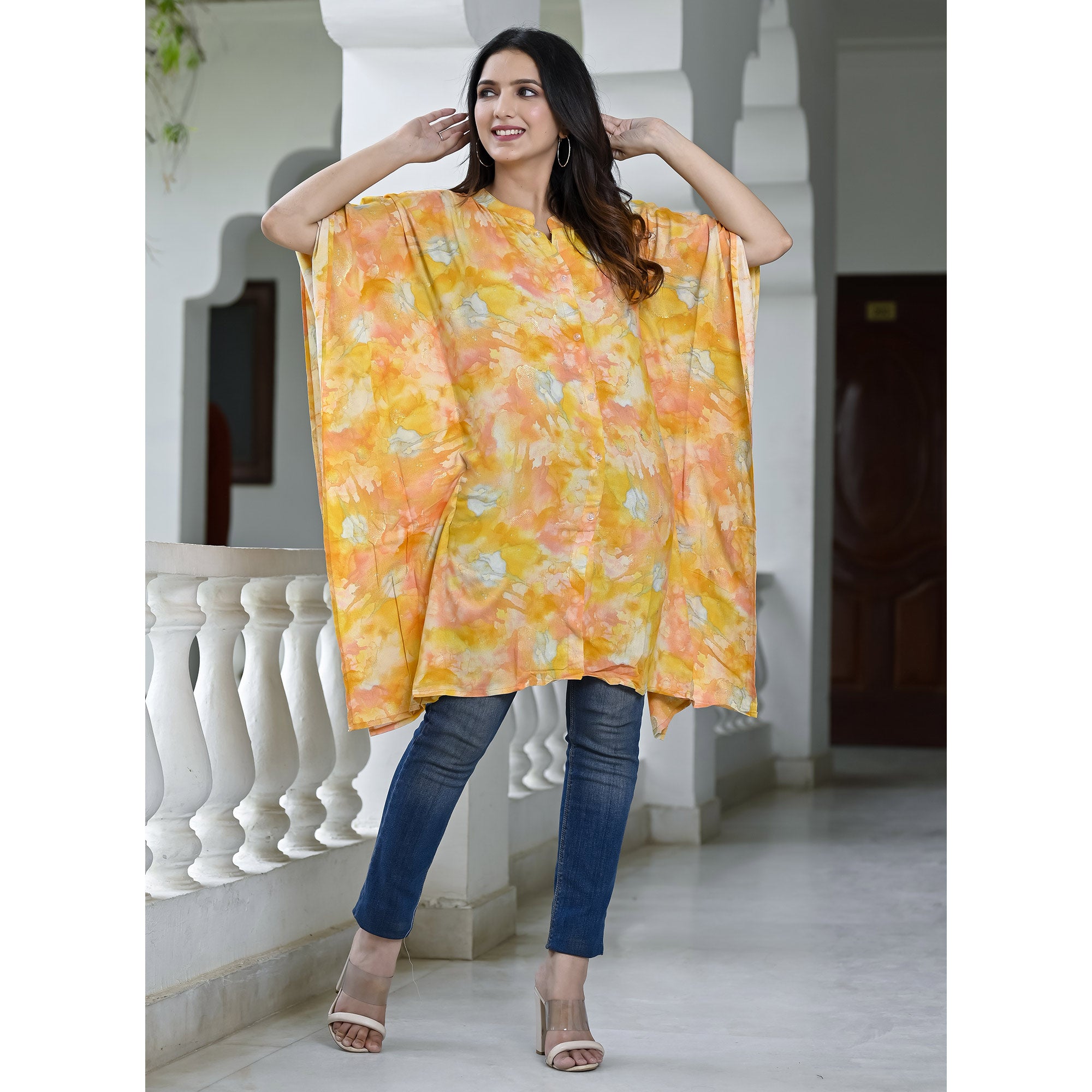 Yellow Foil Printed Rayon Kaftan